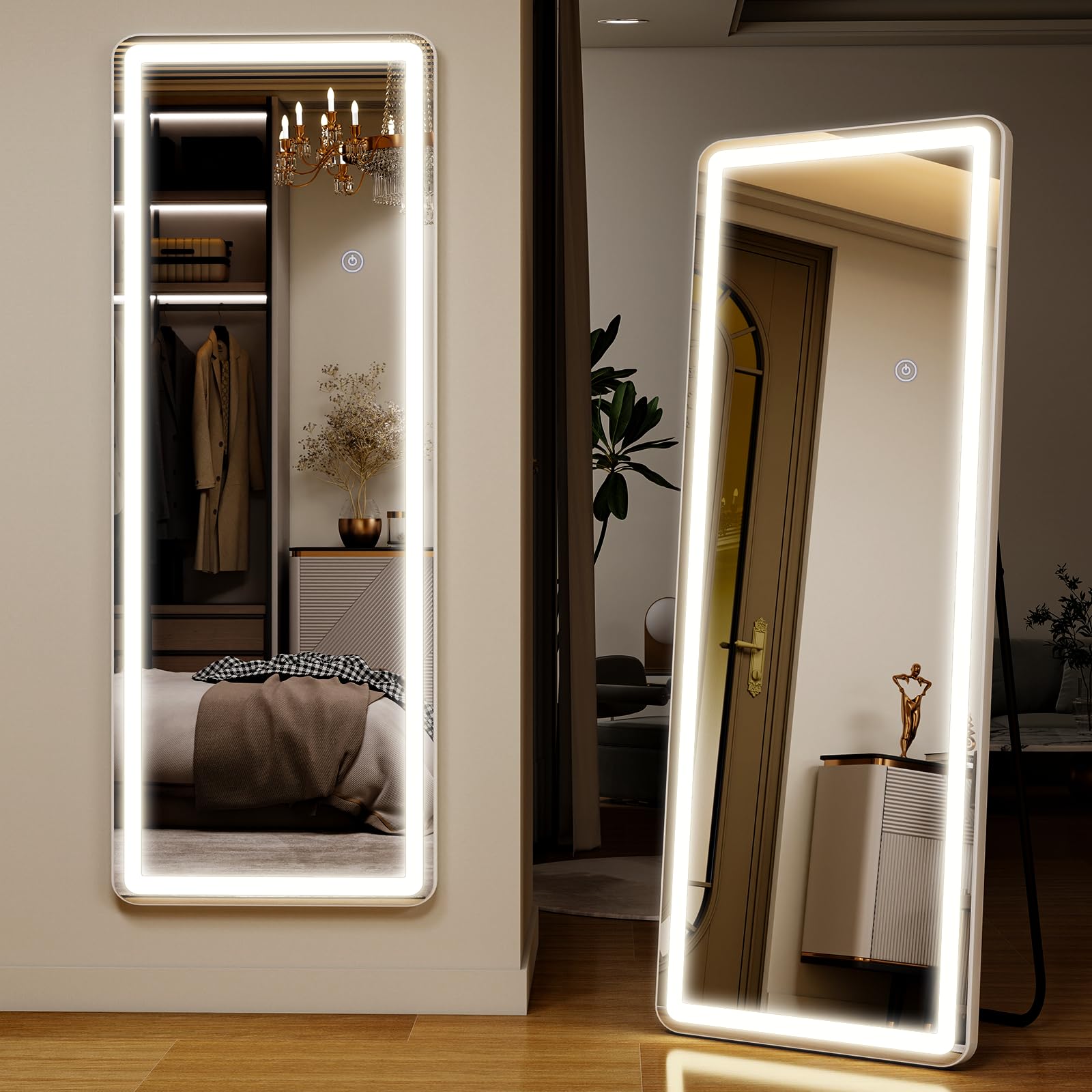 Miroir Pleine Longueur 164 x 60 cm avec éclairage LED, Verre de sécurité, Variateur d'intensité, Miroir sur Pied