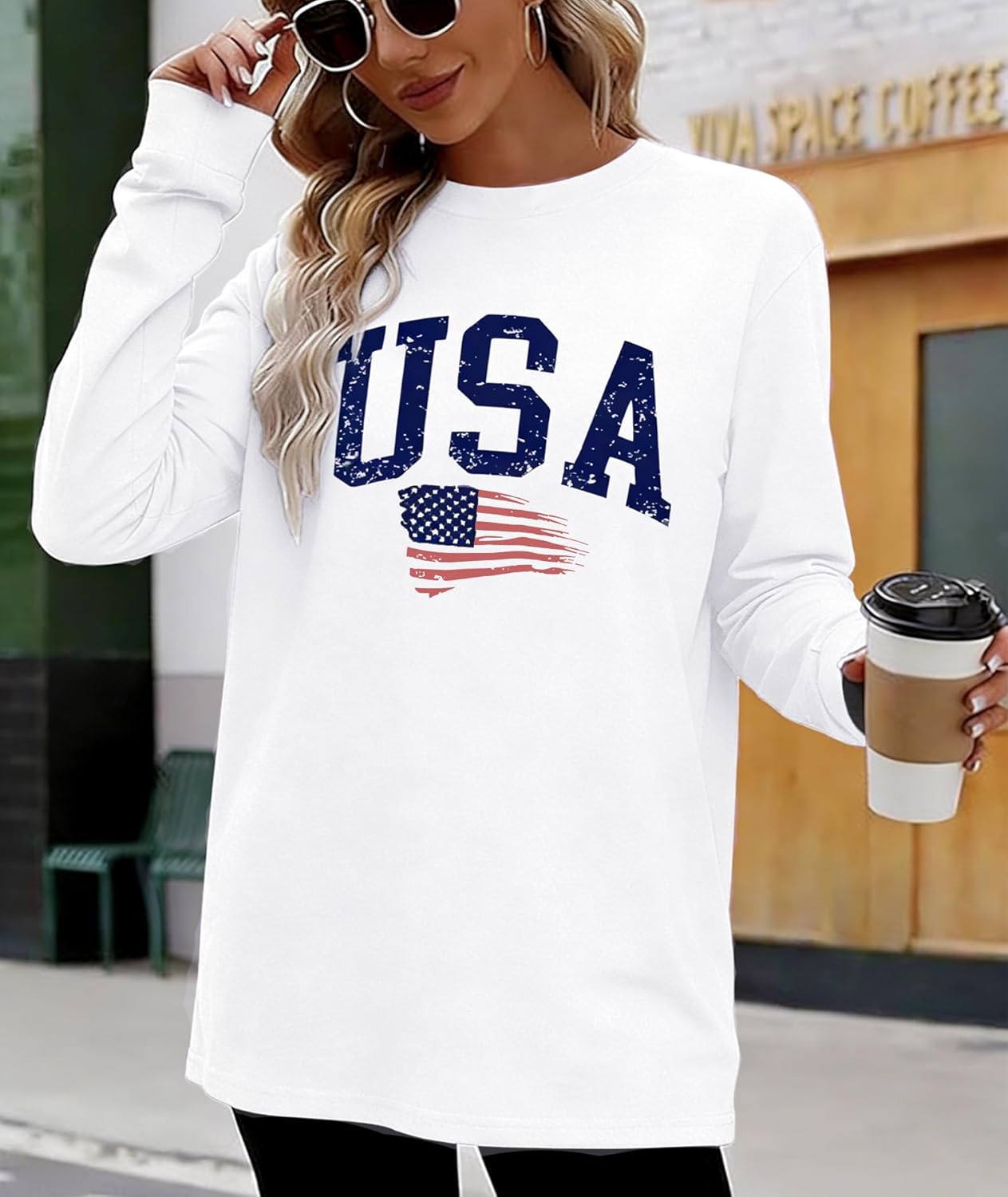 KESIHAN Women USA American Flag Shirt Long Sleeve Graphic Tees for Women Casual Crew Neck Top - Image 3