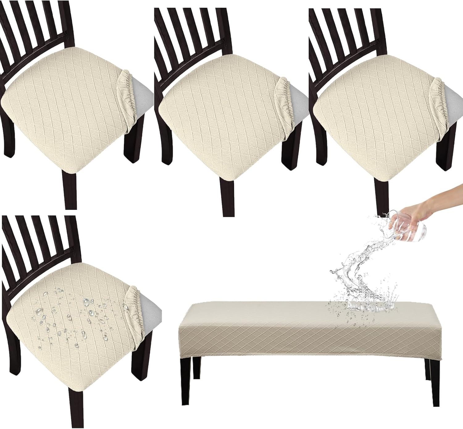 KRFOONN Waterproof Seat Covers for Dining Room Chairs Set of 4 with Dining Bench Cover Jacquard Washable Chair Covers Removable Kitchen Chair Cushion Slipcovers Protector for Dining Room, Beige