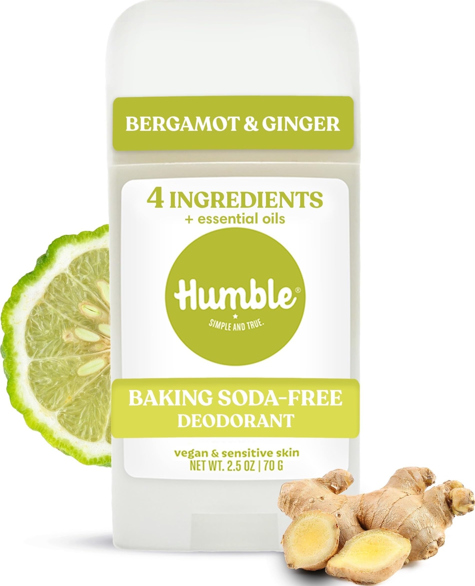 Humble Aluminum-Free Deodorant, Bergamot & Ginger - 1 Pack | Baking Soda-Free, Clean, Fresh, Natural, Essential Oils, Sensitive Skin, Long-Lasting Odor Control, Cruelty-Free, Men & Women