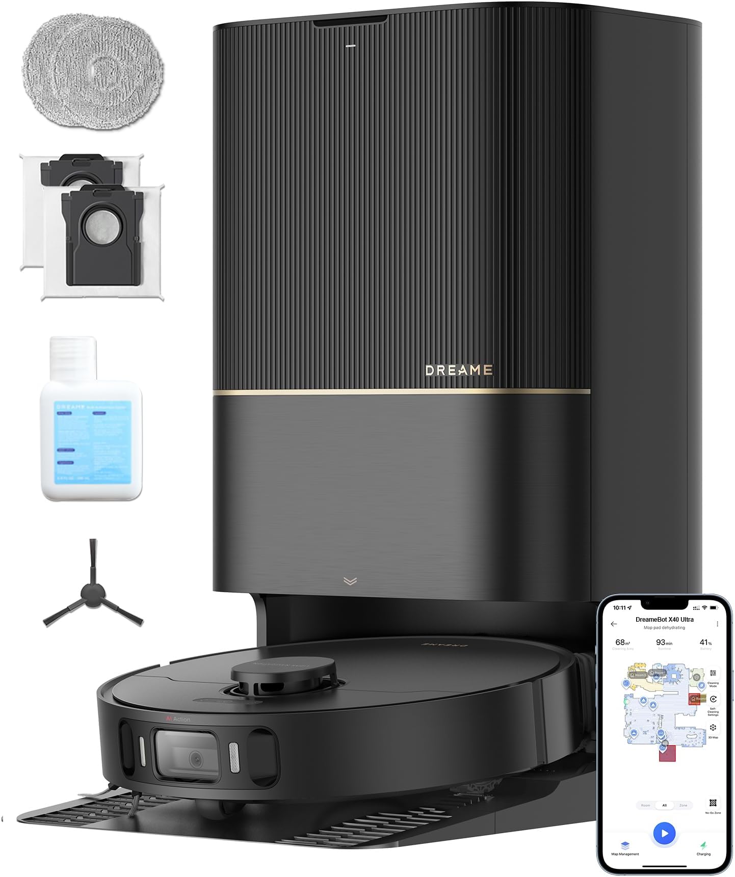 DREAME X40 Ultra Robot Vacuum and Mop Combo, 12,000Pa Powerful Suction, Side Brush Extend and Lifting, Mop Extend, Mops Raising and Removal, Washboard Self Cleaning and Mop Cleaning