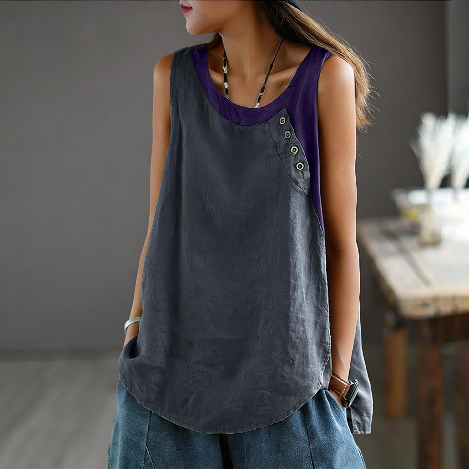 Linen Shirts for Women Trendy Button up Pachwork Sleeveless Crewneck Vest Blouse Plus Size Baggy Comfy Tank Tops