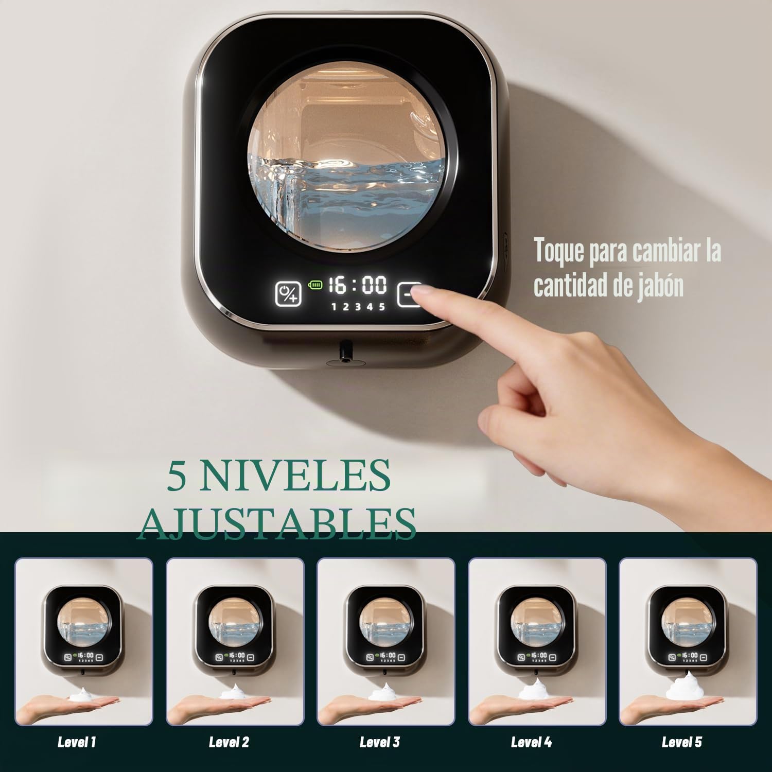 Automatico Dispensador Jabon Baño,320ml Dosificador de Jabón Líquido para Pared, Jabonera Cocina Dosificador Carga USB con Sensor Dispensador Jabon Cocina, Apto para Cocina, Baño, Hotel
