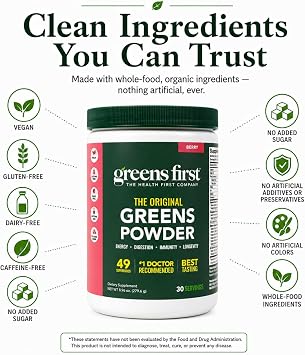Greens First Original Greens Powder, Berry, 30 Servings | 49 Superfoods, Organic Fruits & Veggies, Prebiotics, Probiotics & Digestive Enzymes, Antioxidant Smoothie
