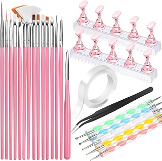 FANDAMEI Nail Art Tools Kit: 15 Brushes, 5 Dotting Tools, Magnetic Nail Stand Holder & Tweezers for Pro Designs