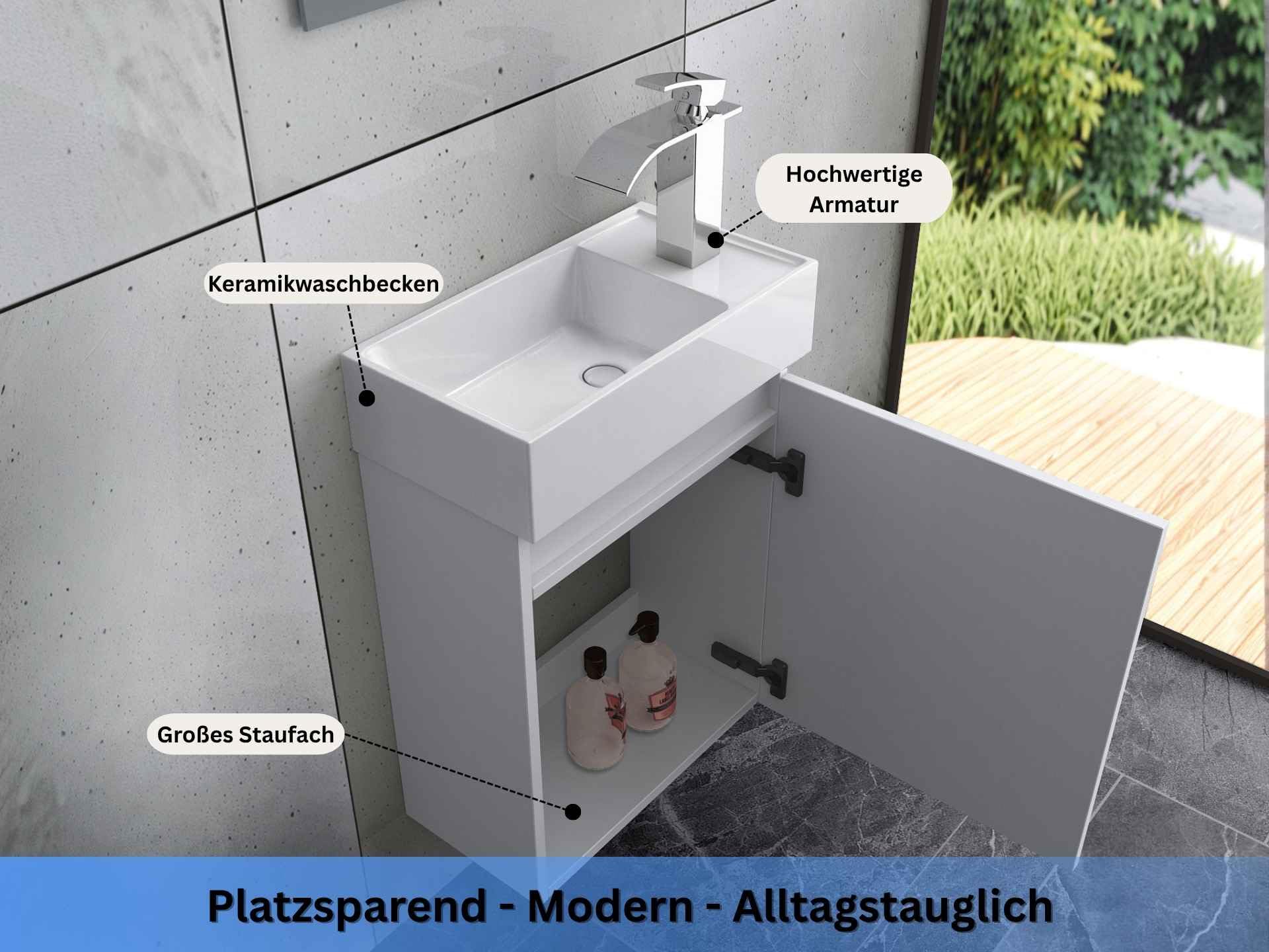 Faizee Home Badmöbel Set Weiß – Waschbeckenunterschrank mit Keramik Waschbecken & Armatur – Kompakter Badezimmerschrank Badschrank ohne Spiegel für Gäste WC & kleine Bäder
