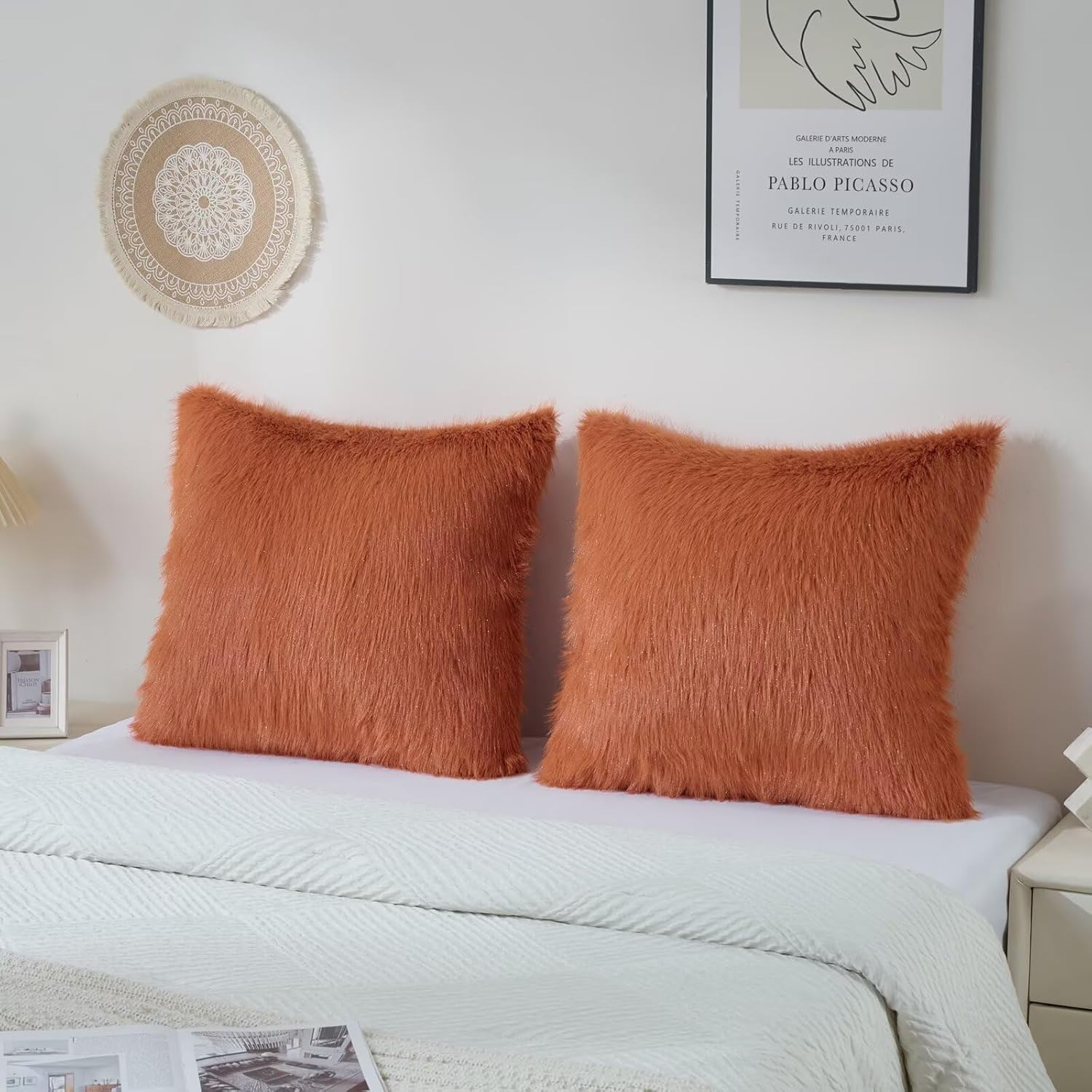 Set of 2 Decorative Throw Pillow Covers Luxury Fluffy Faux Fur Cozy Cushion Cover Pillowcase for Couch Sofa Bed Living Room Home Decor Burnt Orange-12 * 20inch