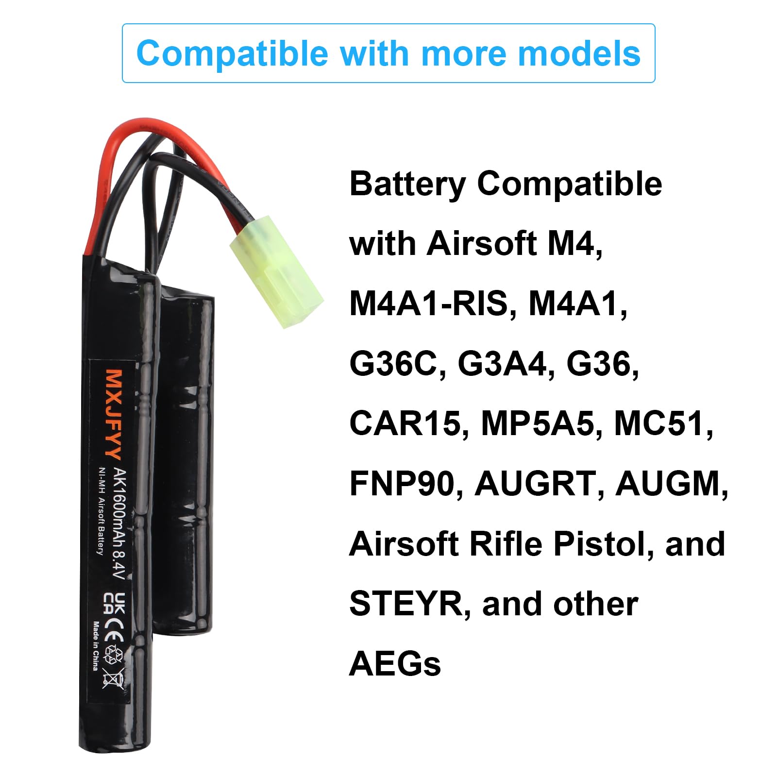 Lot de 2 Batteries Rechargeables Airsoft 8,4 V 1 600 mAh, NiMH Nunchuck compatibles avec Airsoft M4, G36, Pistolet Airsoft, Carabine à air comprimé ICS CA TM SRC JG G36 G