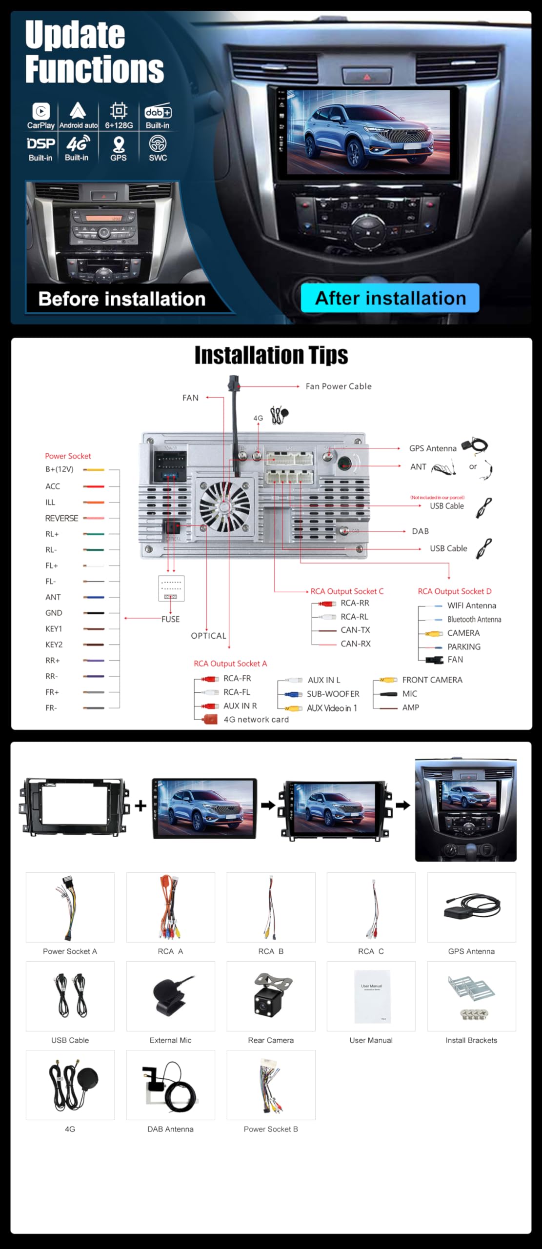 Built-in 4G-LTE DAB| - 6G+128G - Android 16 Autoradio Per Nissan NAVARA NP300 (2016-2018) - CarPlay/Android Auto - Camera + MIC - Dual Band Wifi Volante 360-CAM - QLED 10.1 Pollici 2 Din