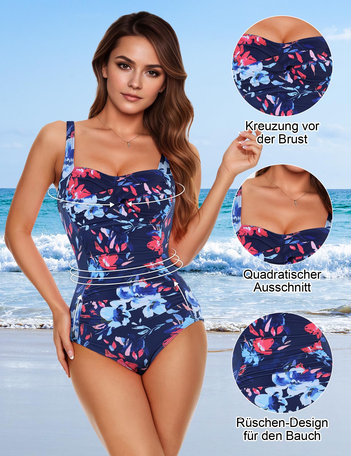 Durio Badeanzug Damen Bauchweg Badeanzug für Damen Wickeloptik Bauchweg Push Up Einteilige Sexy Shape Bademode Swimsuit