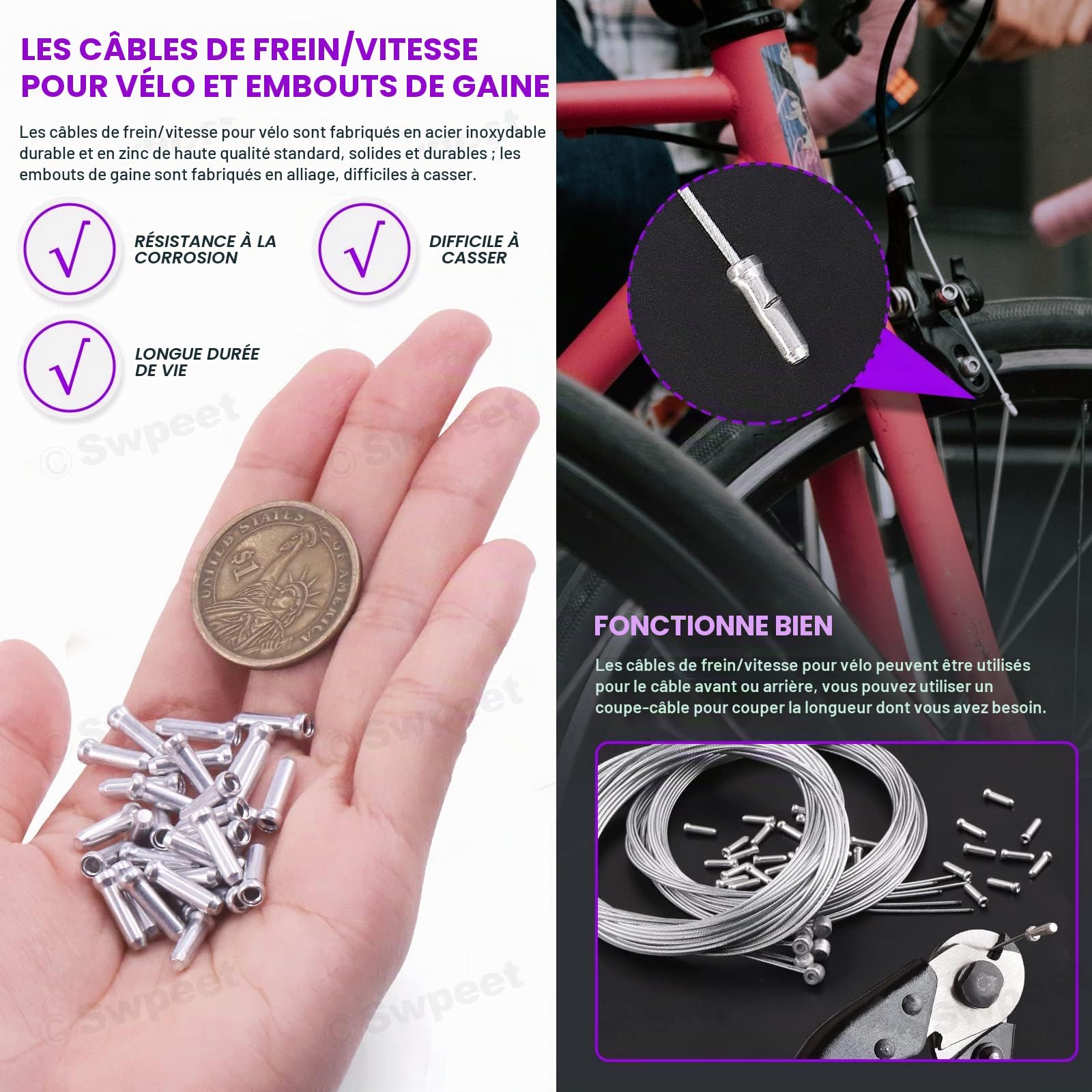 Swpeet Kit de 83 pièces en acier inoxydable avec coupe-câble et gaine, embouts, câbles de frein et de dérailleur, joints toriques pour vélo de montagne et de route