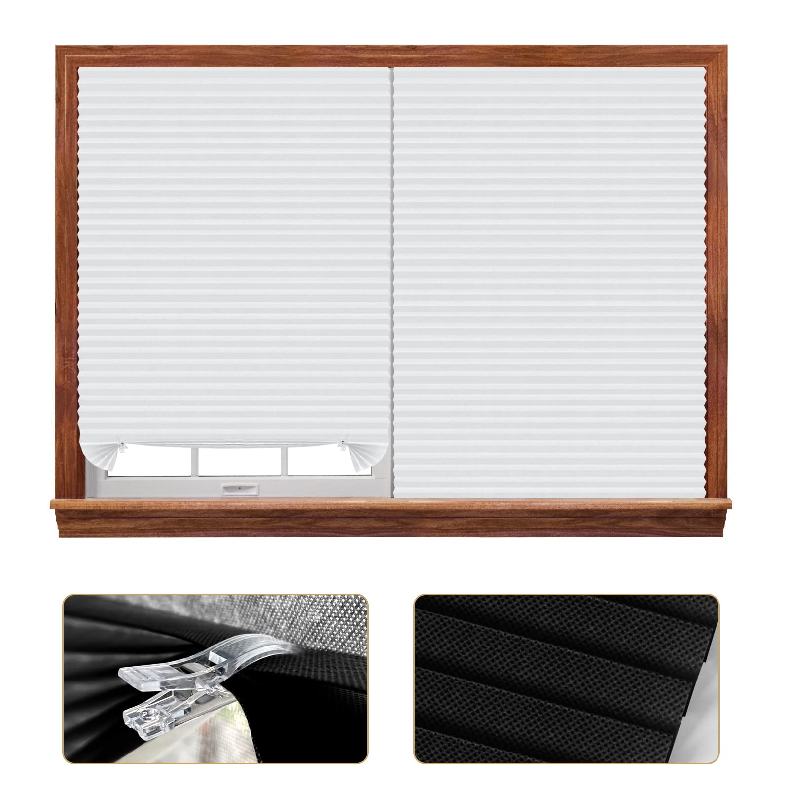 Lot de 2 stores occultants temporaires plissés à coller instantanément, filtrant la lumière, protection de la vie privée avec 4 clips pour salle de bain, salle de bain, bureau, stores plissés sans pe