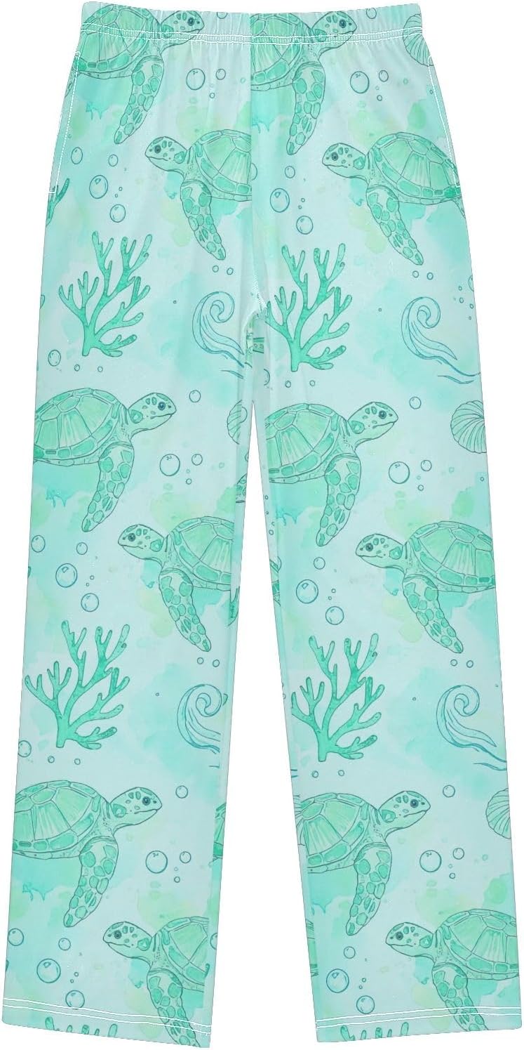 Turquoise Sea Turtle Pajama Pants, Soft Modal Lounge Sleepwear with Elastic Waist Pockets