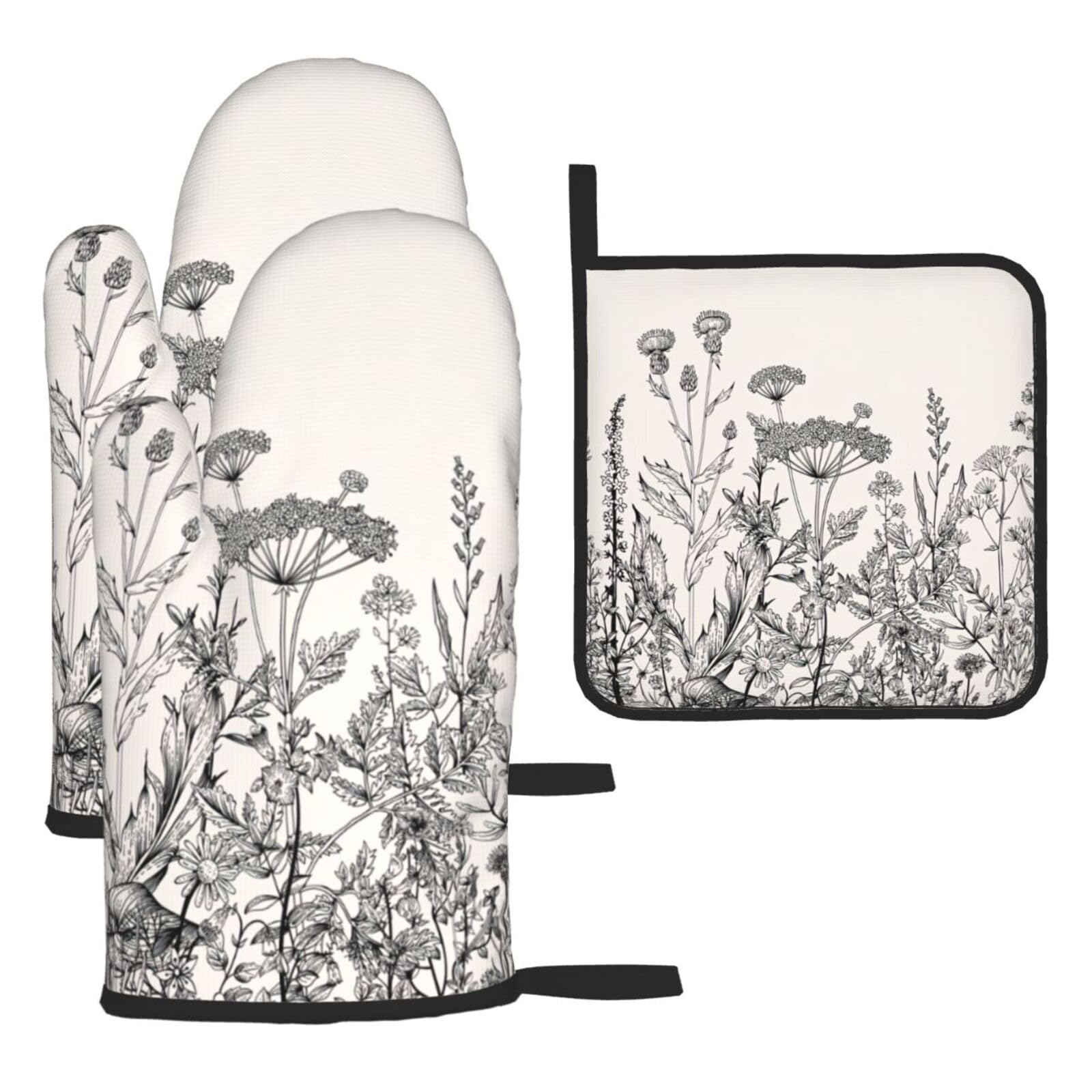 Floral Herbs Botanical Engraving Print Oven Mitts Kitchen Gloves Set Everyday Baking Grilling Microwaving Cooking Gift