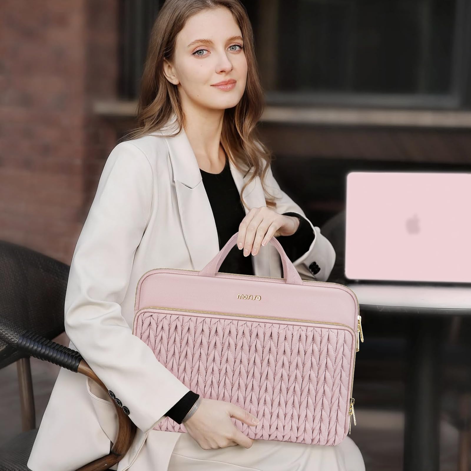 MOSISO Housse Ordinateur 13,3 Pouces Quilté Épis de Blé avec Manche & Poche | 13-13,3 Pouces Laptop Sleeve Compatible avec MacBook Neo/Air/Pro 13/14,HP Dell Lenovo ASUS,Rose