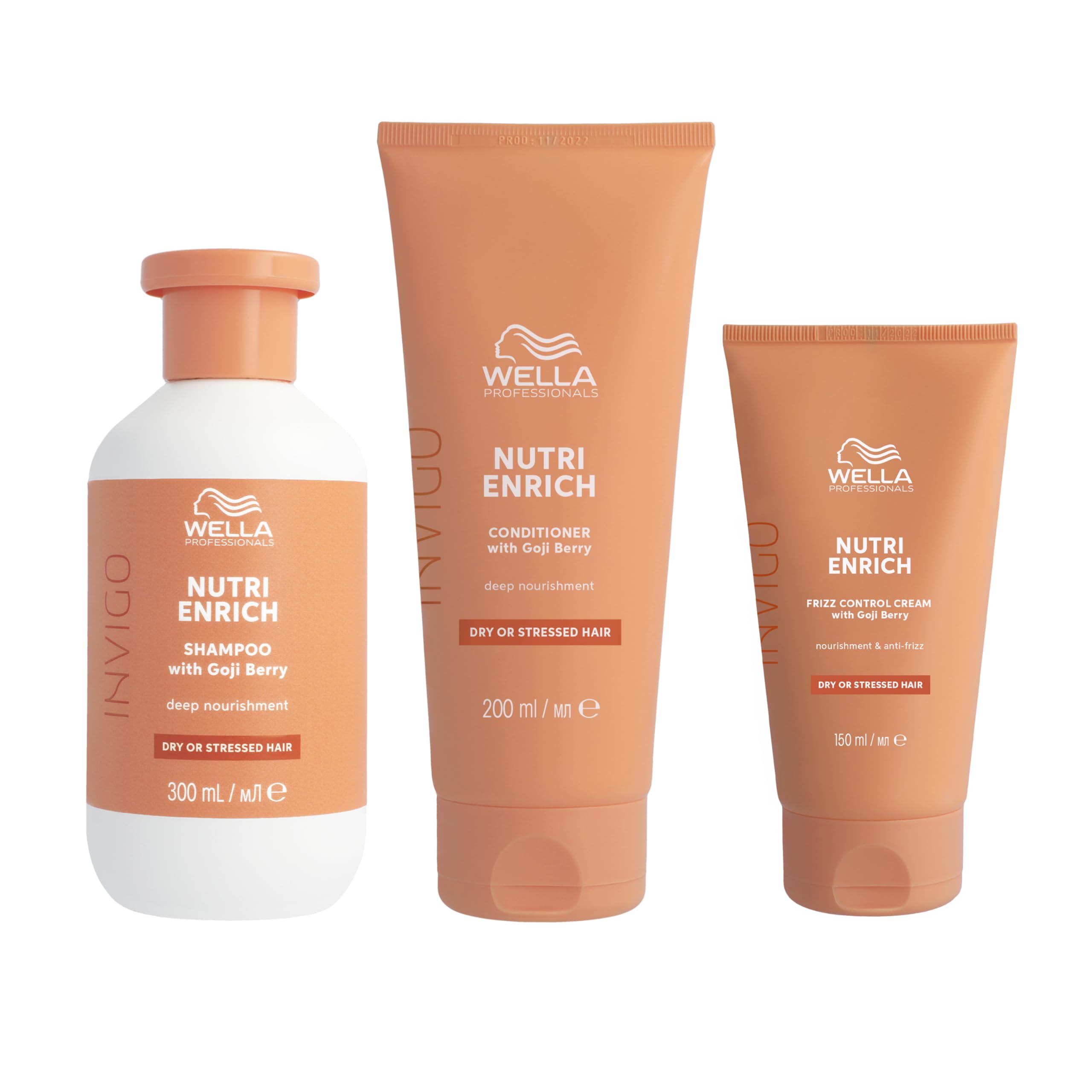 Wella Professionals Deep Nourishing Professional Hair Care Regime for Dry & Damaged Hair, Invigo Nutri-Enrich Shampoo 300ml, Conditioner 200ml & Frizz Control Cream 150ml Bundle