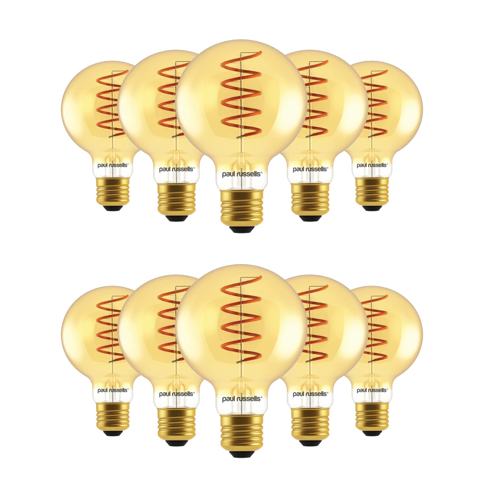paul russells LED Spiral Filament Edison Screw Light E27 Globe G80, Vintage Industrial Bulbs - Pack of 10 – 25W Equivalent Replacement 4W 250LM Lumens 1800K ES Non-Dimmable Lamps - Retro Amber Glass