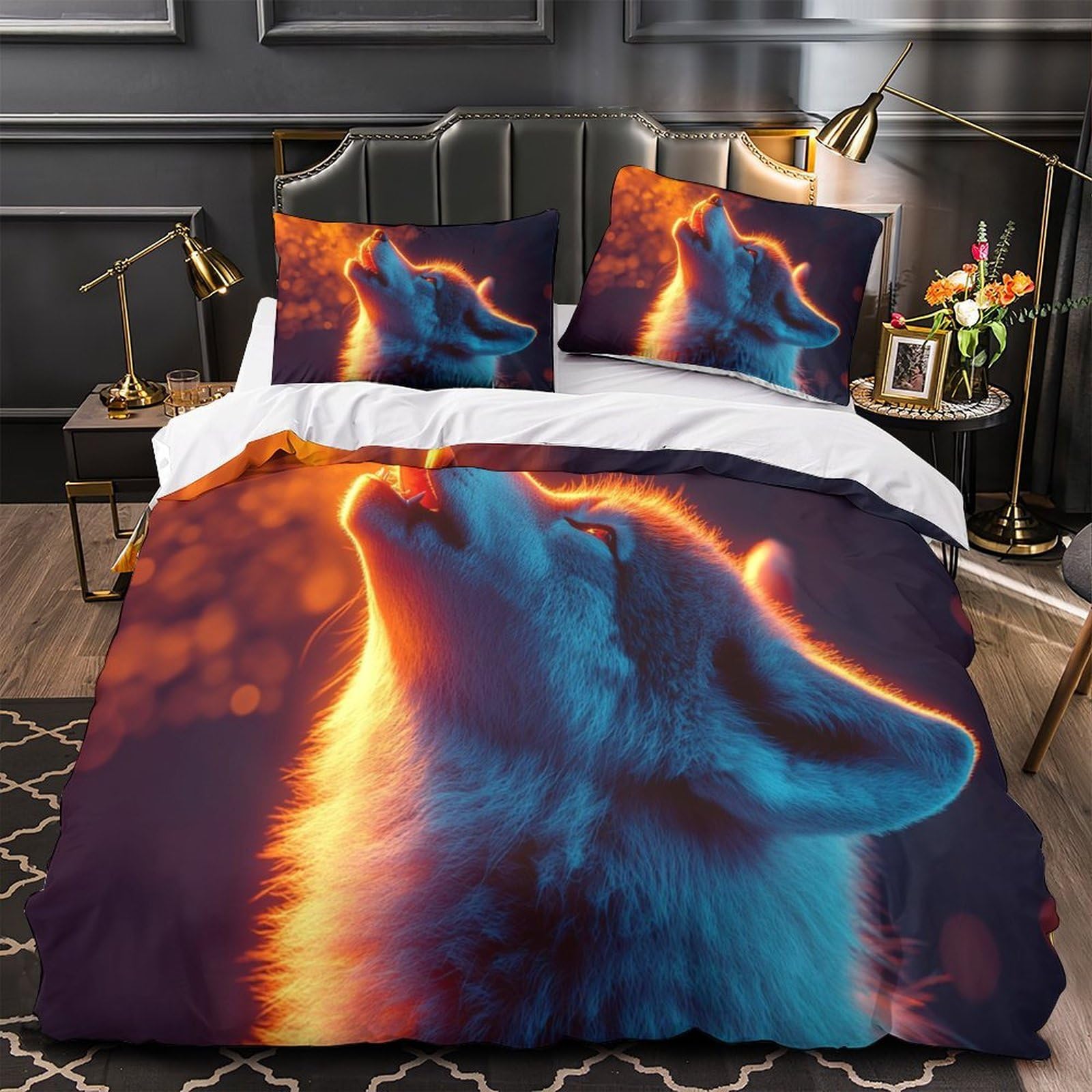 Housse de Couette Loup 3D Microfibre Anti-Tache 220x240cm Parure de Lit King sans Repassage