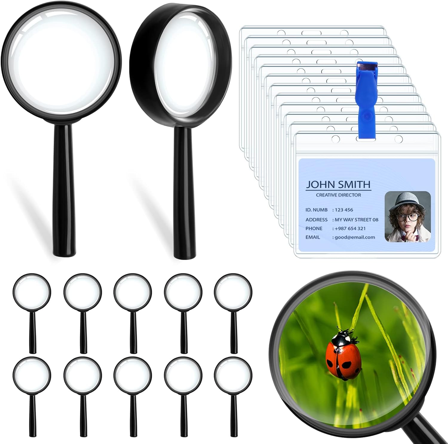 36 pcs Juego de Lupas Infantiles Negro, Lupas Plásticas de Mano para Niños con Funda para Tarjeta y Clip, Lupas Infantiles de Plástico Portátil para Exploración de Naturaleza Juguete Educativo Fiesta