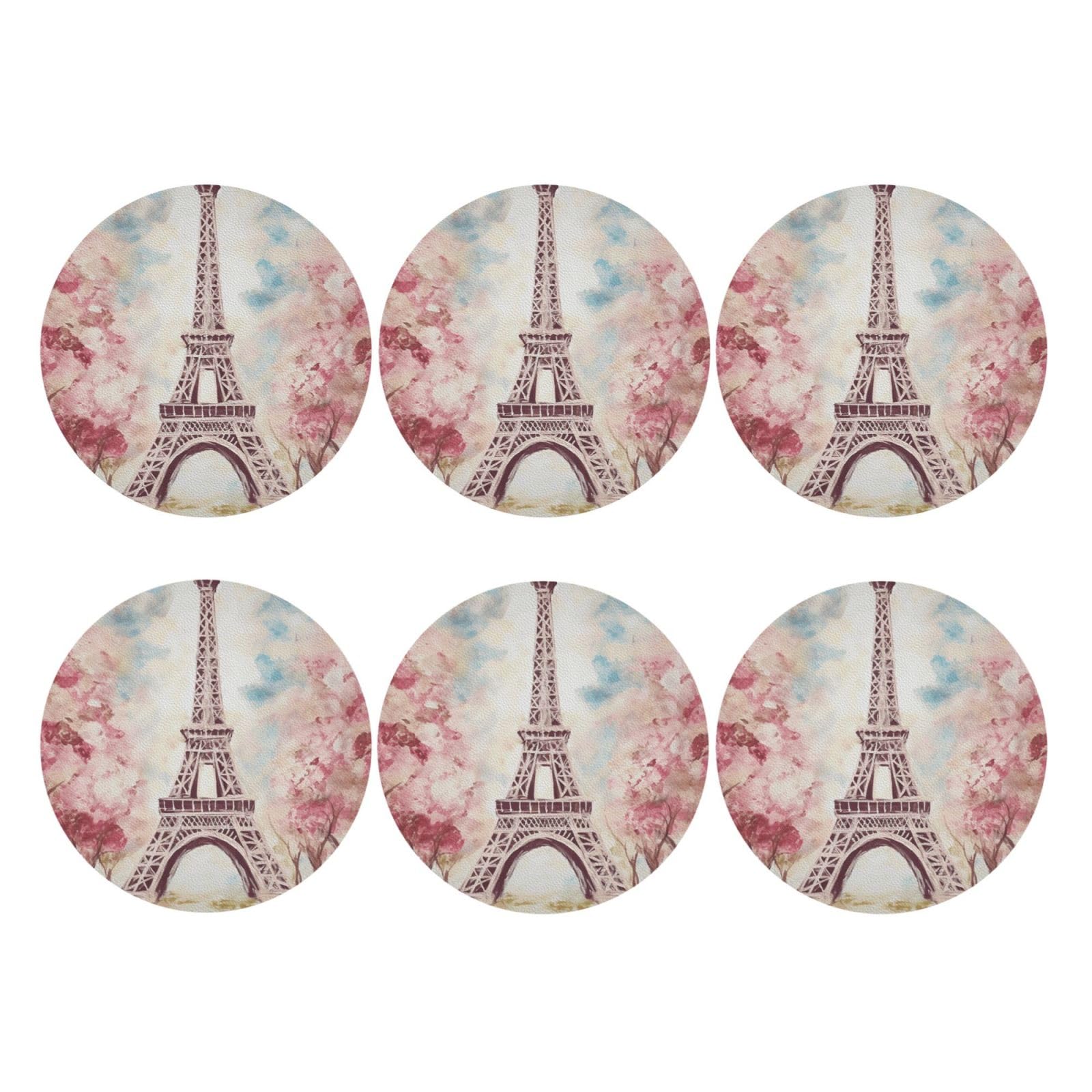 6pcs Leather Coasters for Drinks, Beautiful Eiffel Tower Paris Drink Coasters for Tabletop Protection, 4" Cup Coasters for Coffee Table Decor, Non-Slip Drinking Cup Mat for Hot Or Cold Drink