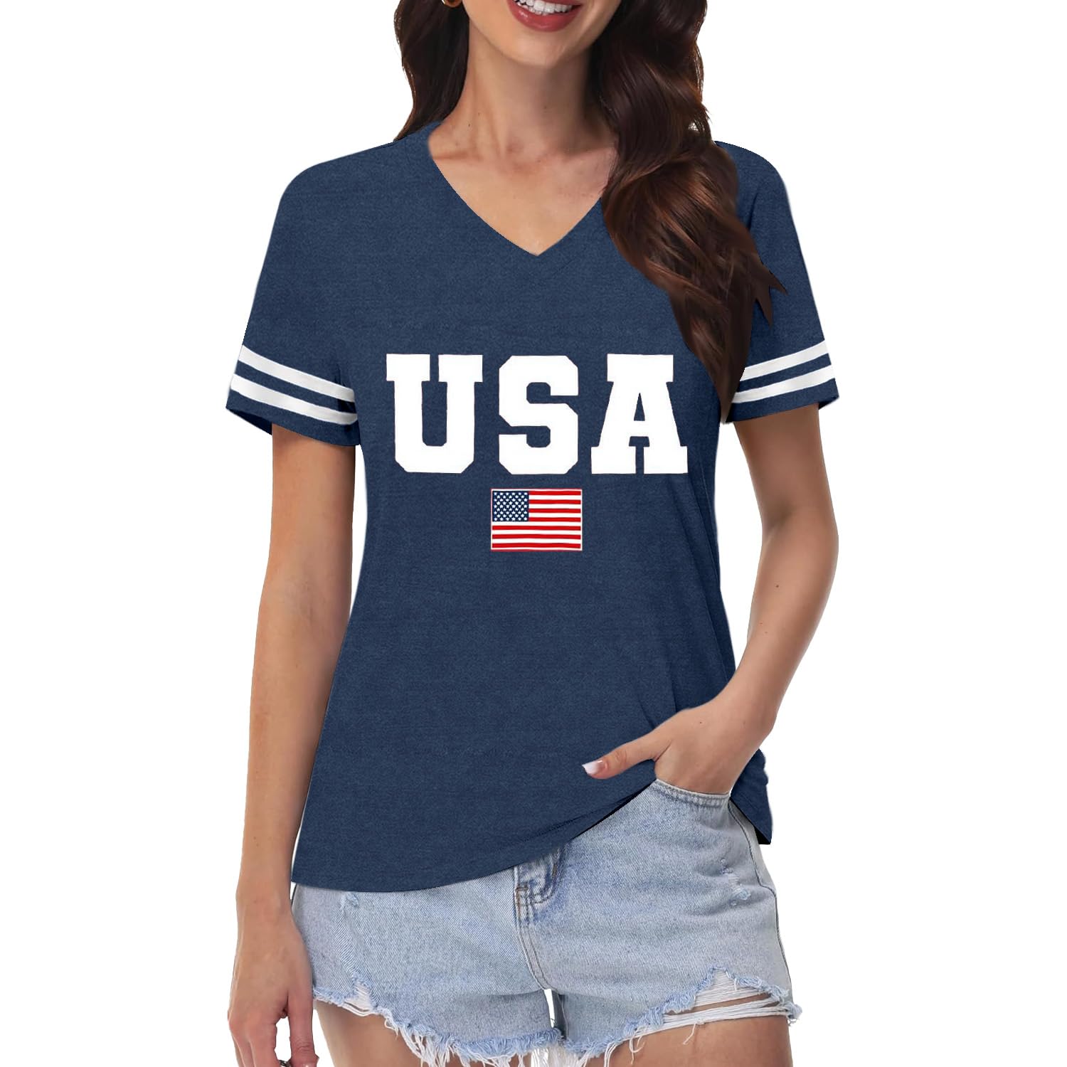 American Flag V-Neck Shirts for Women USA Patriotic T-Shirt 4th of July Tee Tops
