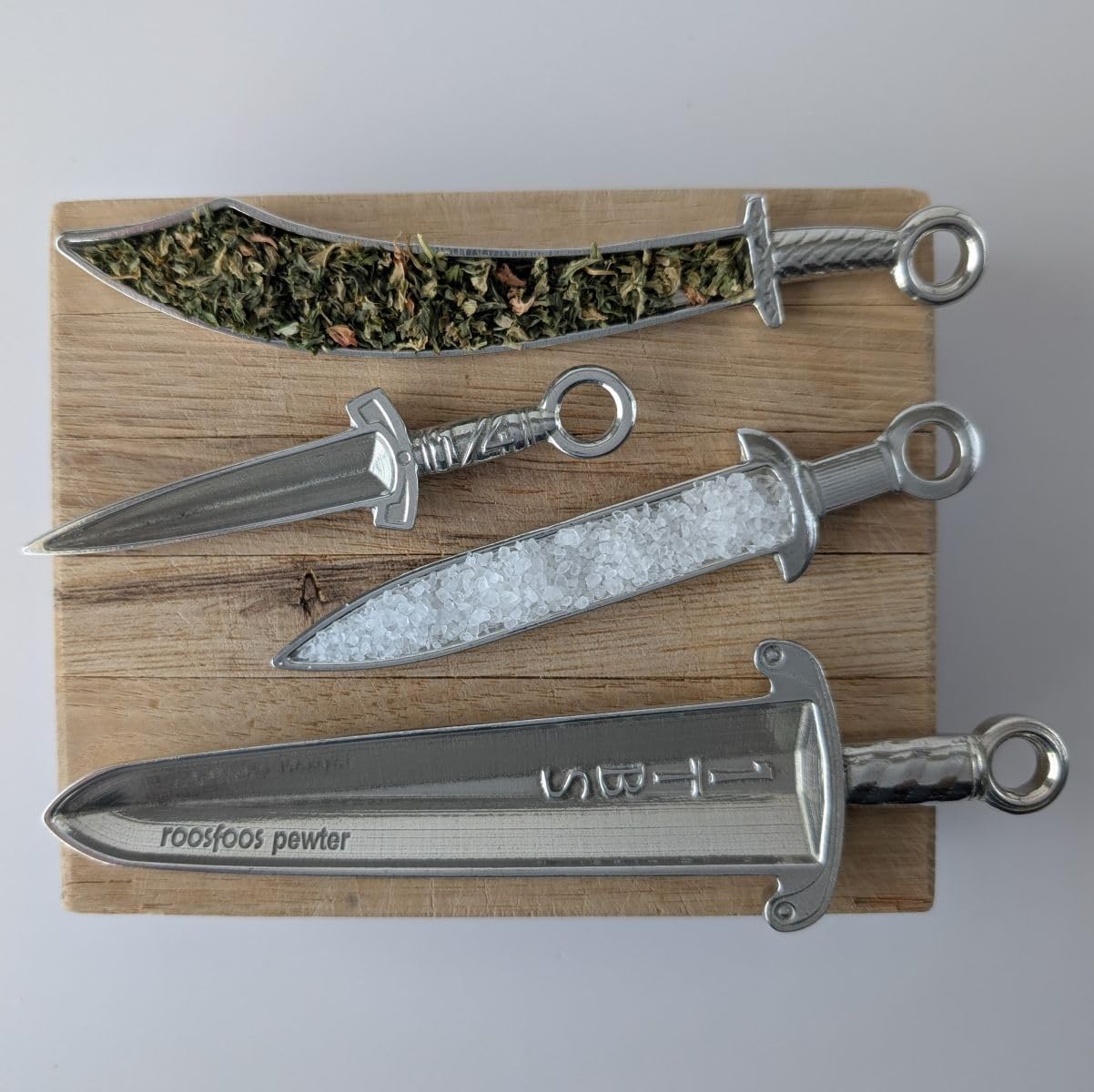 Roosfoos Sword Measuring Spoons Set of 4, Pewter, Medieval Blade Designs - Broadsword, Scimitar, Gladius, Dagger, Handcrafted in USA