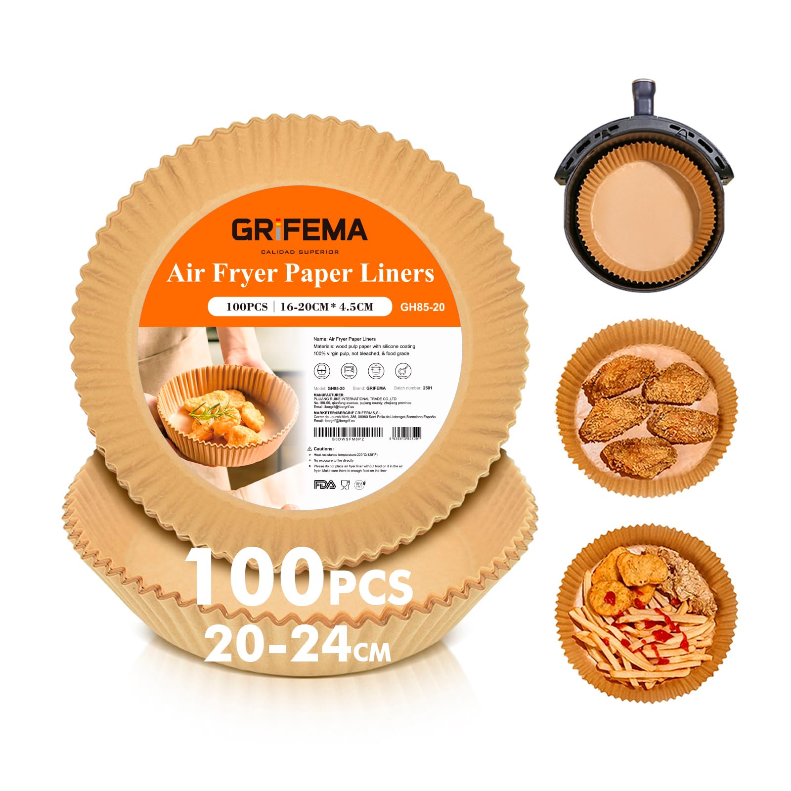 GRIFEMA Air Fryer Paper, BPA Free Air Fryer Paper, Grease-Resistant, 5-8 L, Air Fryer Paper for Air Fryer (100 Pieces, 20-24 cm, Round)