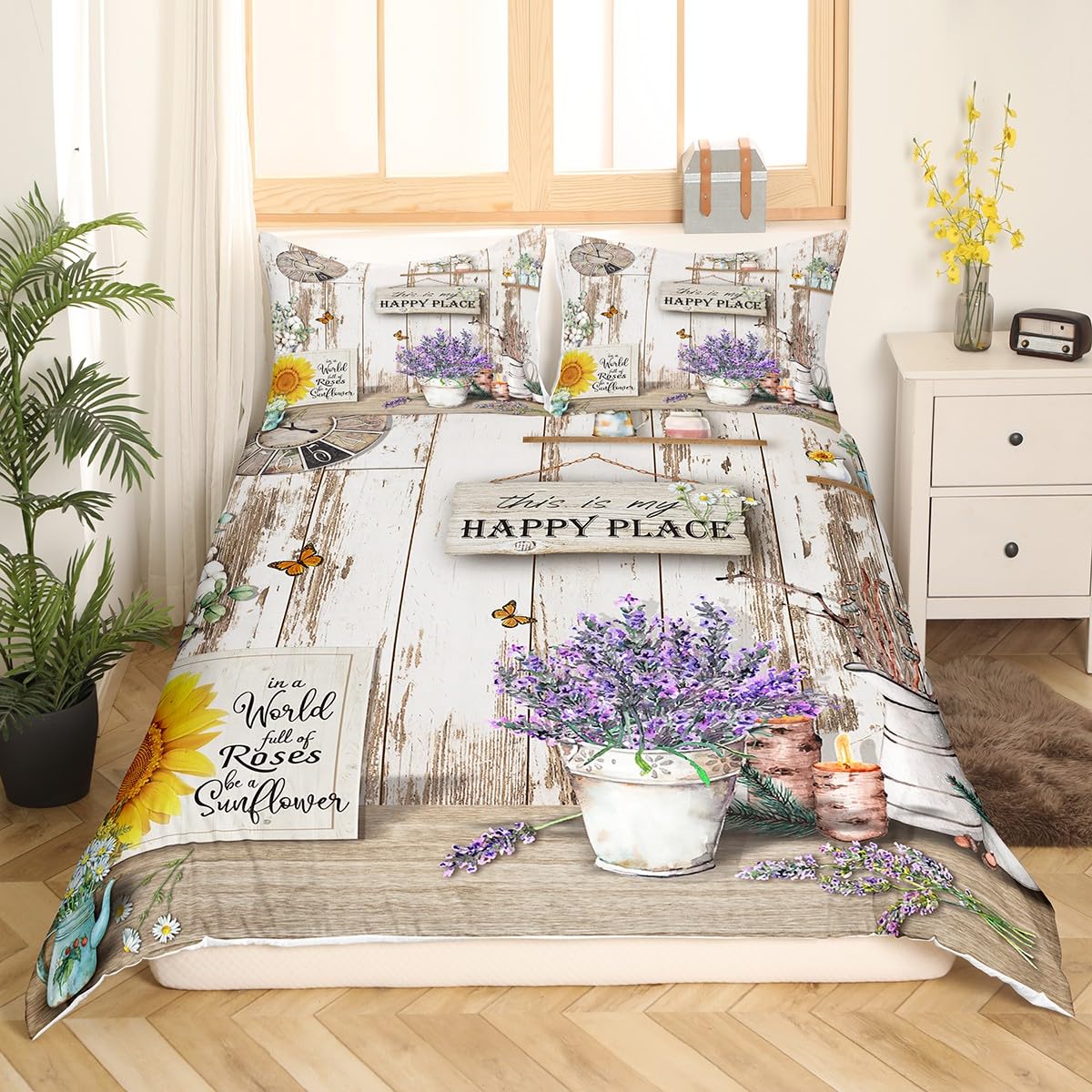 feelingyou Farmhouse Theme Duvet Cover,Kids Yellow Sunflowers Bedding Set,Butterfly Comforter Cover for Boys Girls Room Decor,Rustic Wooden Lightweight Bedspread Cover Single Size with 1 Pillow Case - Image 3