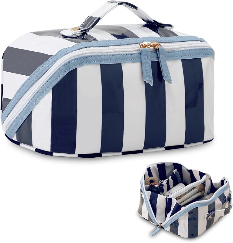 Necessaire de maquiagem DYSHAYEN listrada branca e azul-marinho