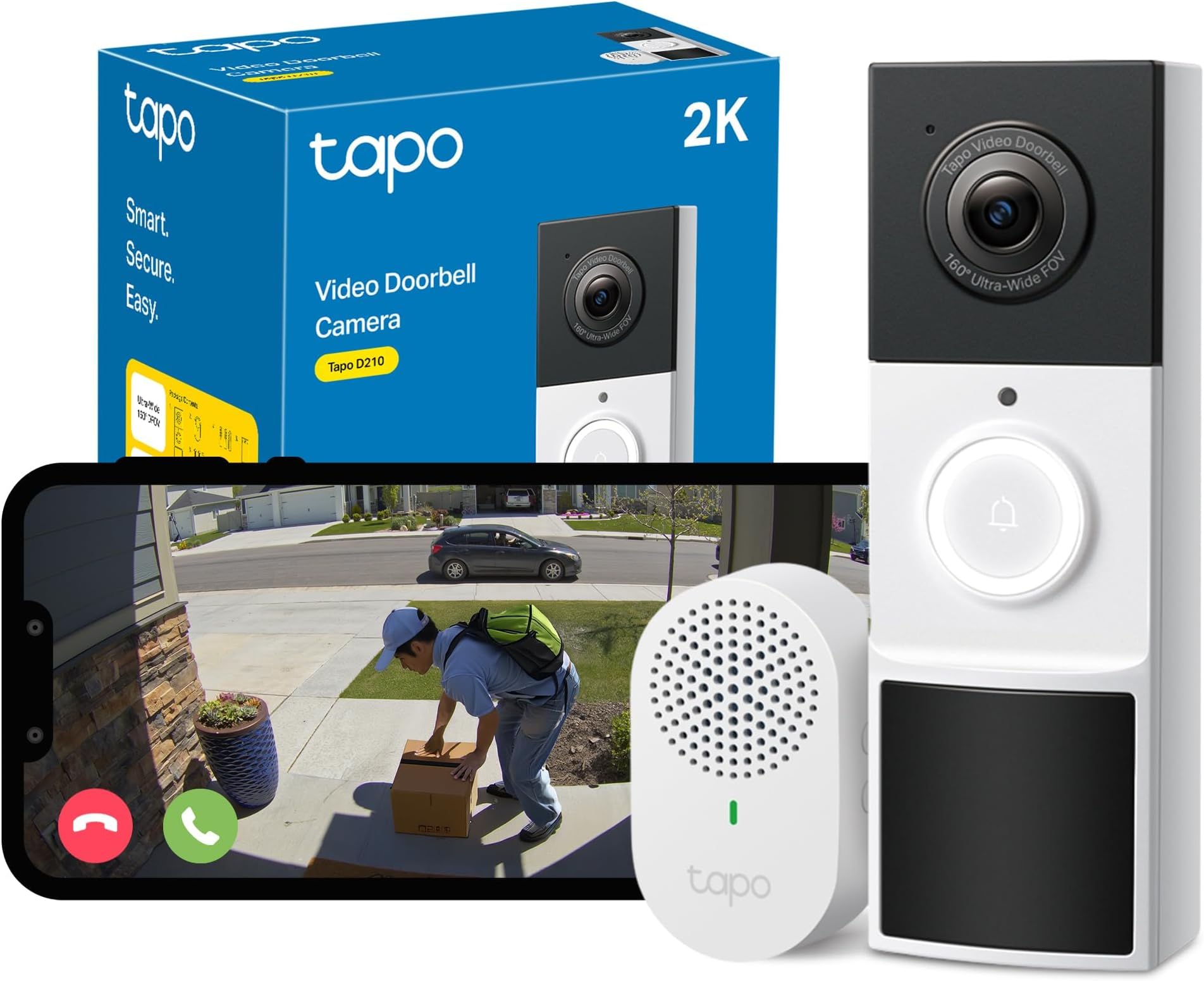 D210 Doorbell Camera Wireless 2K 3MP Ultra-Clear Doorbell Camera, Battery Video Doorbell Wireless, Ring Chime Included, Color Night, TP-Link Free AI Detection,IP65,6-Month Battery,No Monthly Fee