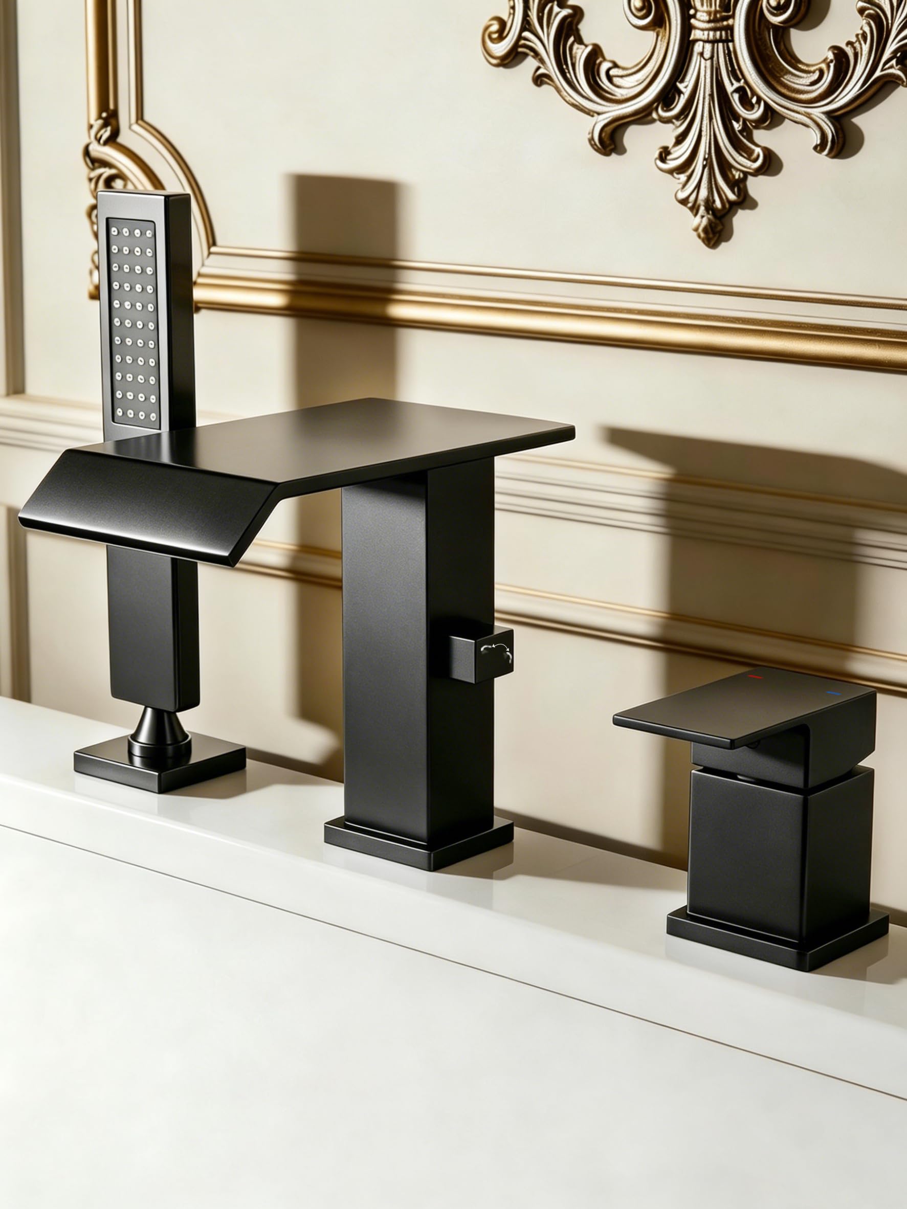 Mitigeur de baignoire cascade contemporain en laiton massif avec douchette noir mat 3 trous