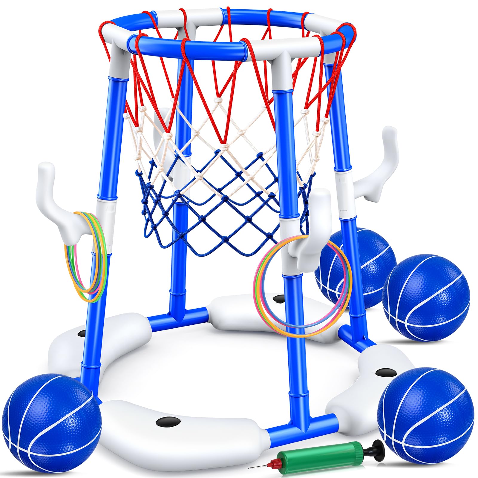 HaoVrisn Canasta de Baloncesto para Piscina, Juguetes Piscina 2 en 1, Juegos de Agua para Niños con 4 Pelotas Flotantes, 12 Anillas y Bomba, Juguete Veraniego Familiar para Fiesta en Piscina