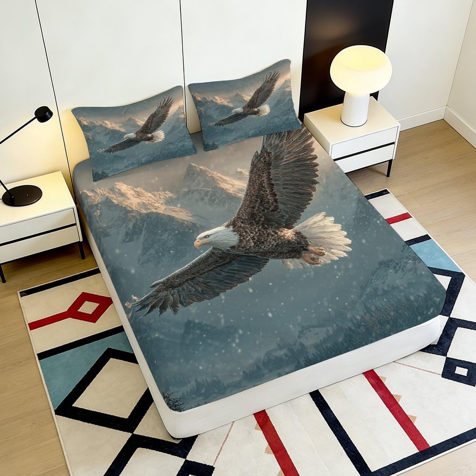 Lenzuolo con angoli con aquila stampato 3D, in microfibra, antiscivolo, decorazione per la casa | senza pieghe, coprimaterasso, facile da pulire, traspirante, lavabile, 180 x 200 x 25 cm