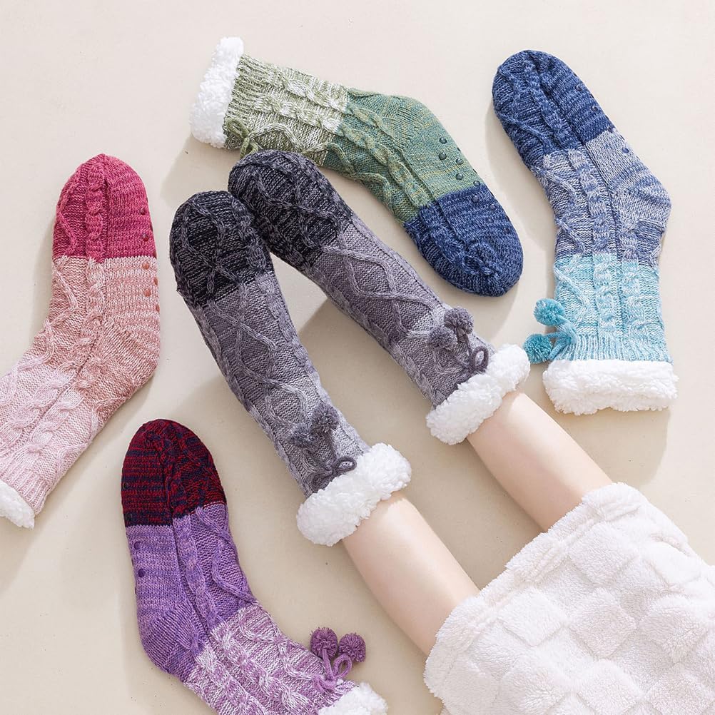 Womens Slipper Fuzzy Socks 2 Pairs Color Blocks Fluffy Winter Warm Cozy Plush Non Slip Fleece Socks