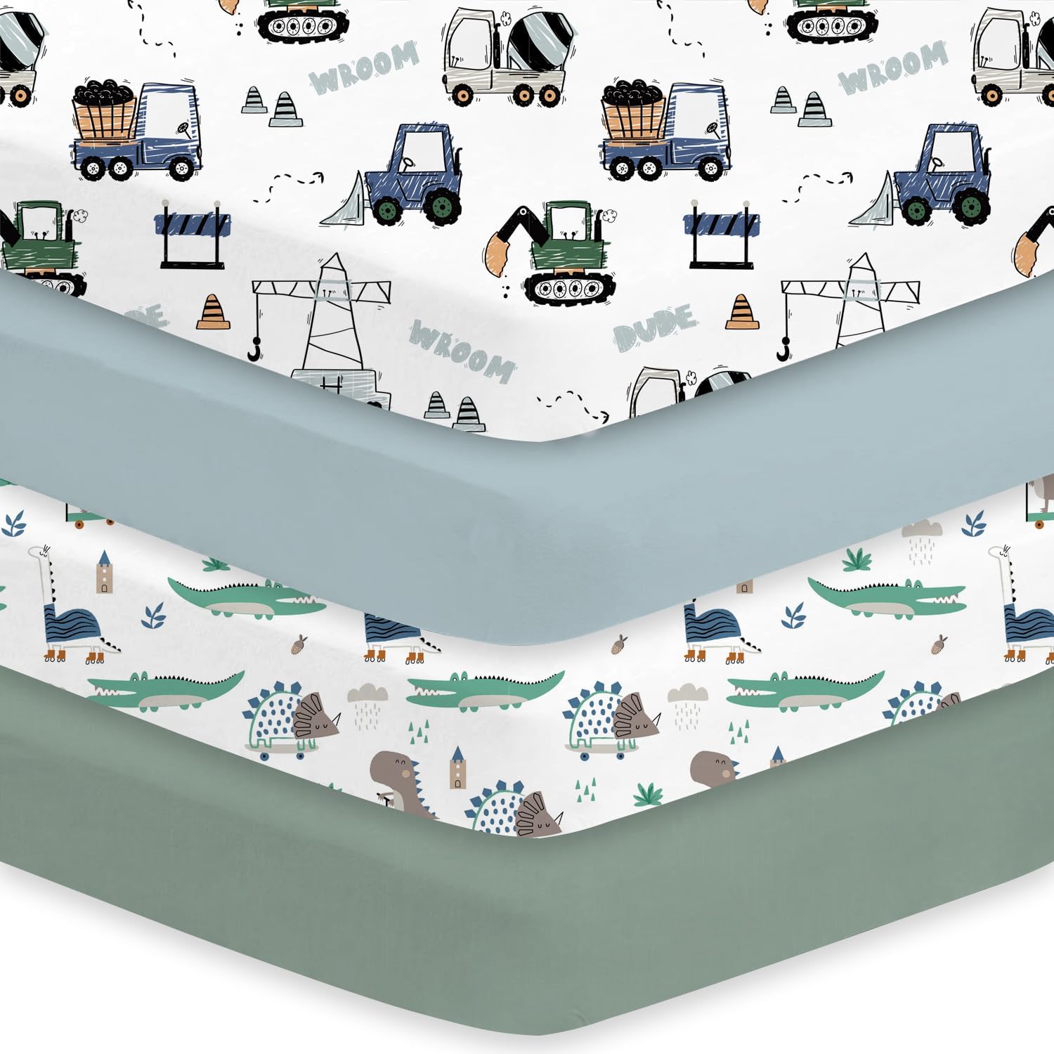 Little Grape Land Crib Sheets 4 Pack for Boys and Girls, Baby Neutral Crib Fitted Sheets for Standard Crib & Toddler Mattress, Super Soft Breathable Fitted Crib Sheet Set, Truck & Alligator