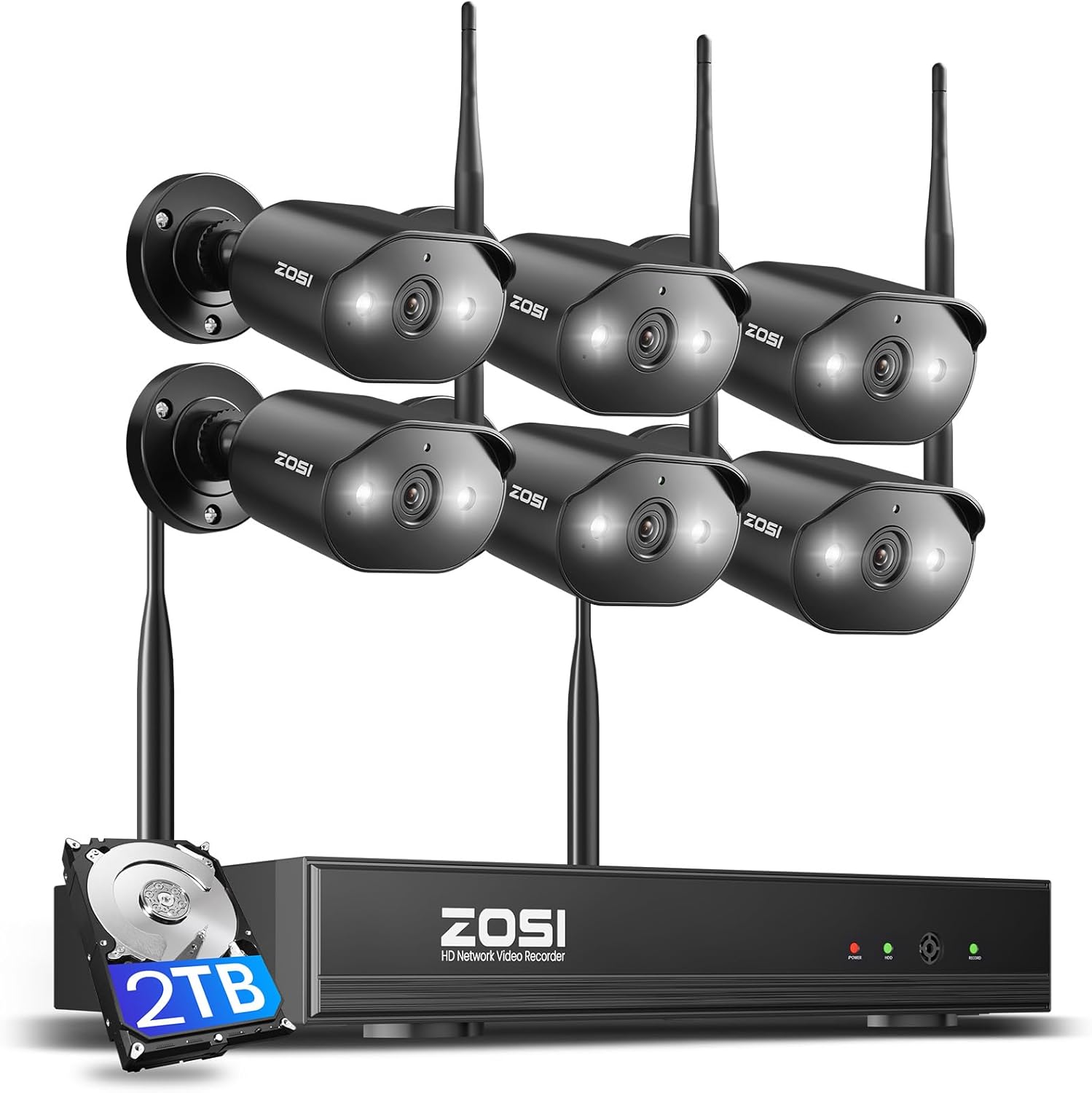 ZOSI 2K Wi-Fi 6 Security Camera System, 6pcs 3MP Plug-in WiFi Cameras Indoor Outdoor, AI Person Detection, Color Night Vision, 2 Way Audio, Light & Siren Alarms, Remote Monitoring, 8CH 4K NVR, 2TB HDD