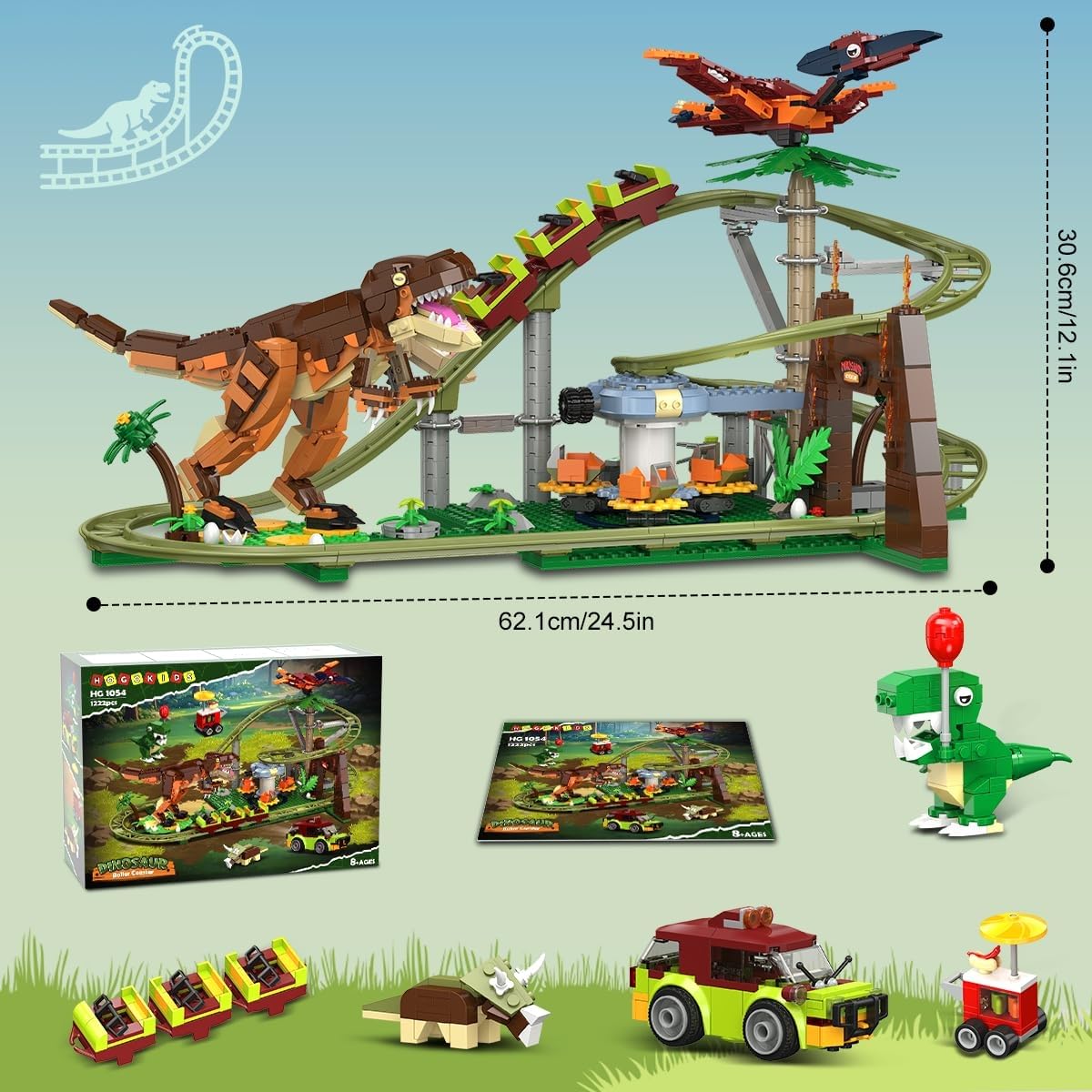 HOGOKIDS Juguete de Bloques de construcción de montaña Rusa de Dinosaurios – 1222 Piezas de Juguete de construcción de montaña Rusa con 4 Dinosaurios, vehículos Todoterreno, Modelos de Dinosaurio