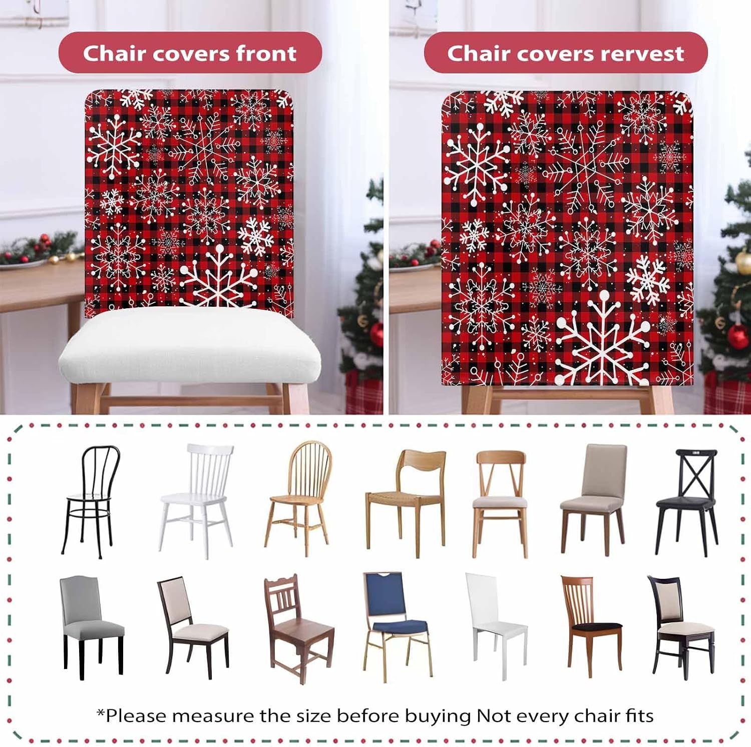 Christmas Chair Back Covers Set of 4, 19x20in, Winter Snowflakes Red Black Buffalo Plaid Removable Dining Seat Cover Washable Kitchen Chair Slipcovers Protective for Christmas Party