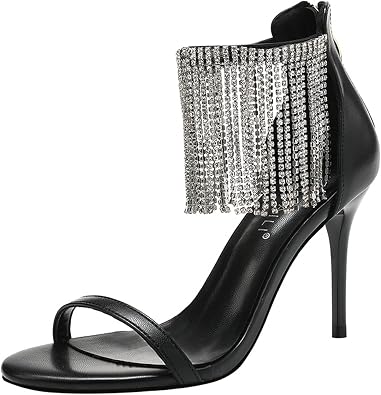 KCTRFSJ Womens Rhinestone Tassels High Heeled Sandals with Back Zipper, Fashion Open Toe Ankle Strap Stiletto Sandal,Comfortable Wedding Pumps Dress Shoes for Party & Evening