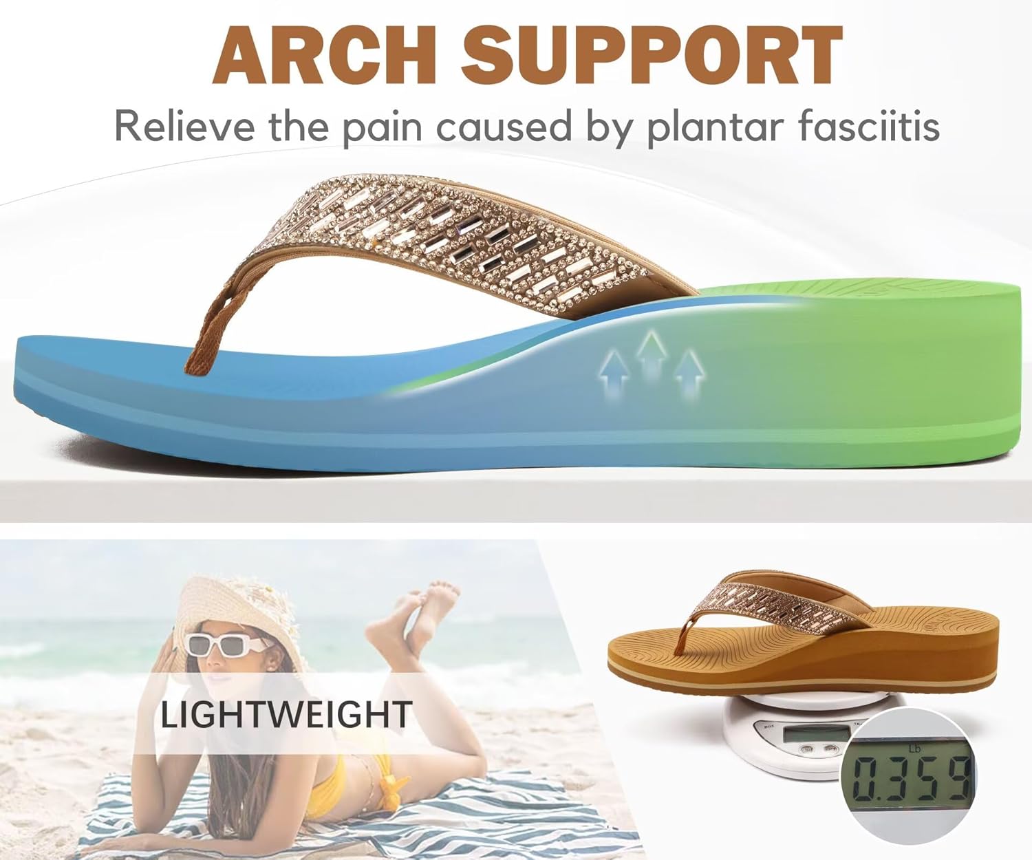 KuaiLu Women's Rhinestone Platform Arch Support Flip Flop Sandals - Image 5