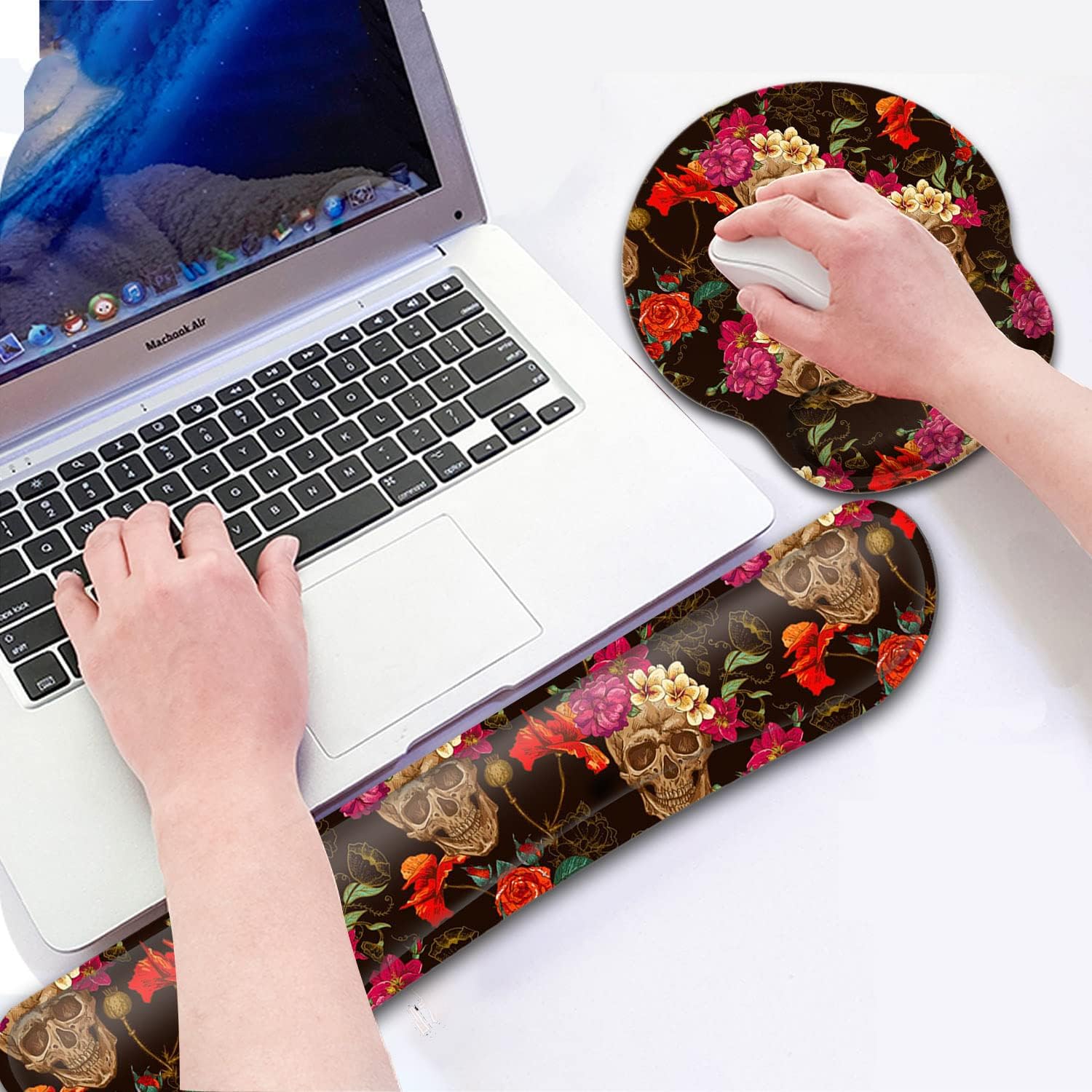Gel Mouse Pad Wrist Support and Memory Foam Keyboard Wrist Rest in Office Accessories Set for Office, Computer, Laptop,Comfortable, Lightweight for Easy Typing Pain Relief,Rose Flower Skull Desk pad