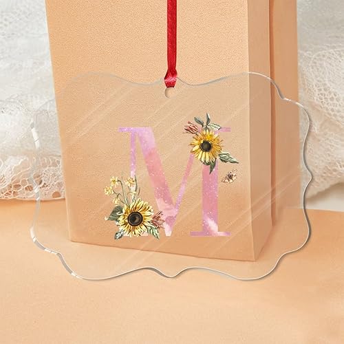 Miniatura 2 de Adorno de monograma rosa con letra M con inicial, recuerdo, lindo gráfico, girasol, girasol, redondo, adorno de árbol de Navidad, recuerdo de