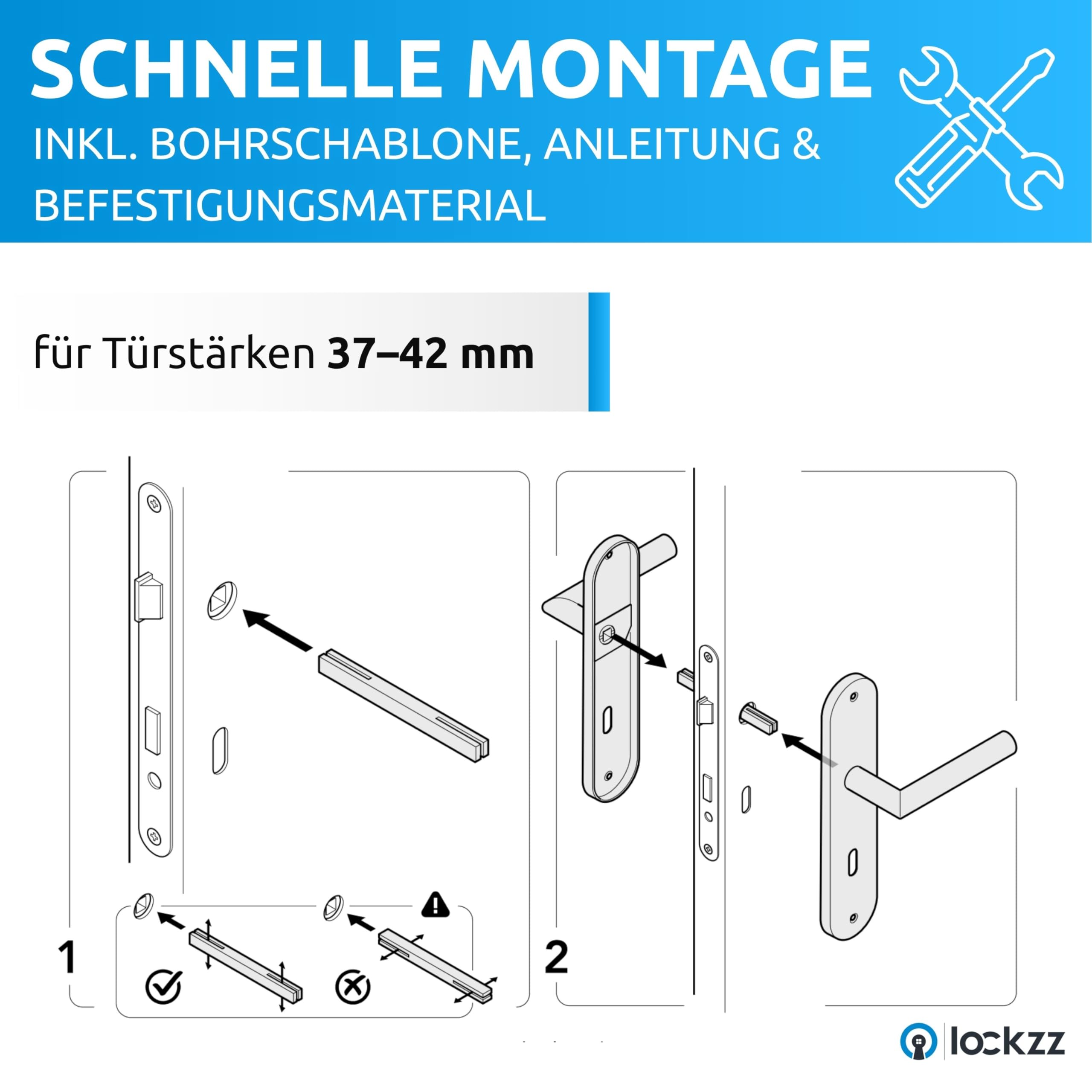 lockzz Türgriff Drückergarnitur Estenfeld Schwarz Matt – Badtürbeschlag Edelstahl L-Form für Badezimmertüren & WC – WC-Verriegelung inkl. Hochhaltefeder – Kompaktes Langschild Türdrücker Set