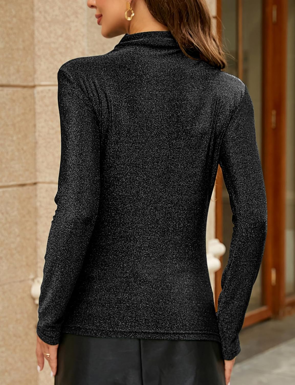 LONGBIDA Women's Slim fit Long Sleeve Turtleneck Glitter Tee Blouse Tops - Image 6
