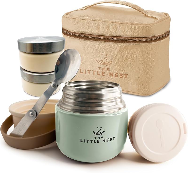 Set Termo Comida Bebé 300ml de Acero Inoxidable, 2 Contenedores y Estuche Térmico, Cierre Hermético, Aislamiento de Doble Pared, Mantiene Caliente y Frío, Sin BPA (Color Matcha Green)