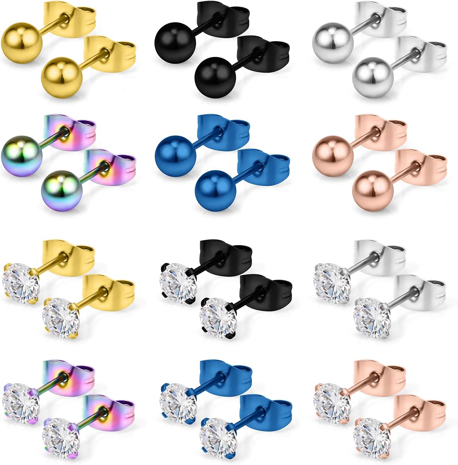 Ruifan 20G Mix Color Stainless Steel Ball Clear CZ Stud Earrings for Men Women Round 3-8mm 6-12Pairs