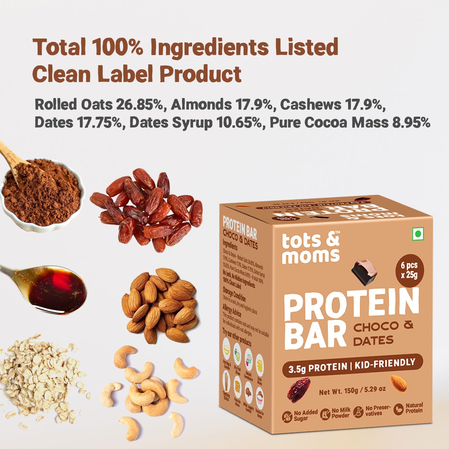 Tots & Moms Kids-Friendly Protein Bar – Choco & Dates (25g x 6) | 3.5g Protein per Bar | Antioxidant-Rich Cocoa & High-Fiber Oa — Amazon image 4