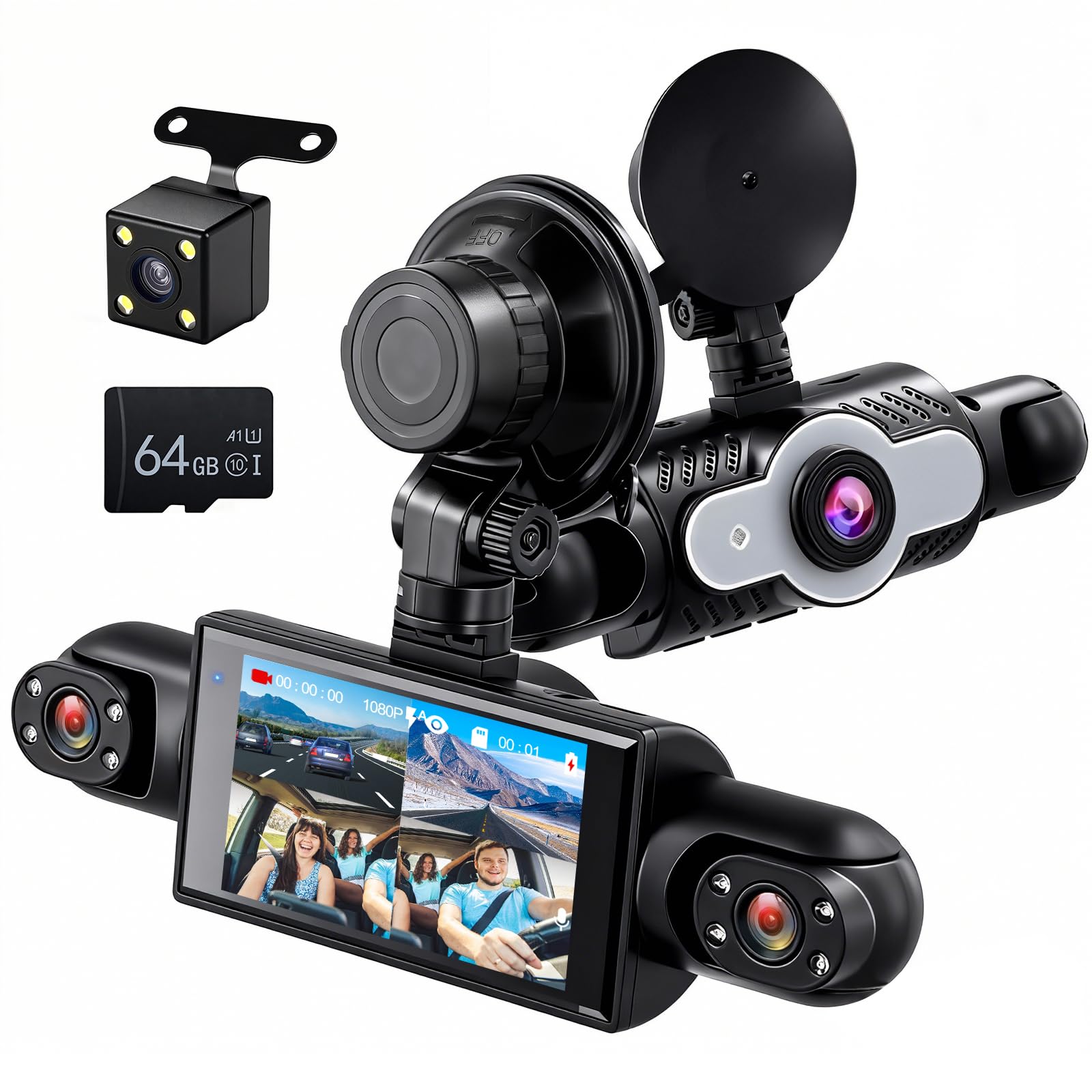 Mirror Dash Cam 4 Channel Front Rear, 3 inch Rückspiegel Kamera mit G-Sensor/Parking Monitoring/Night Vision 360 Grad Schutz+ 64GB Karte