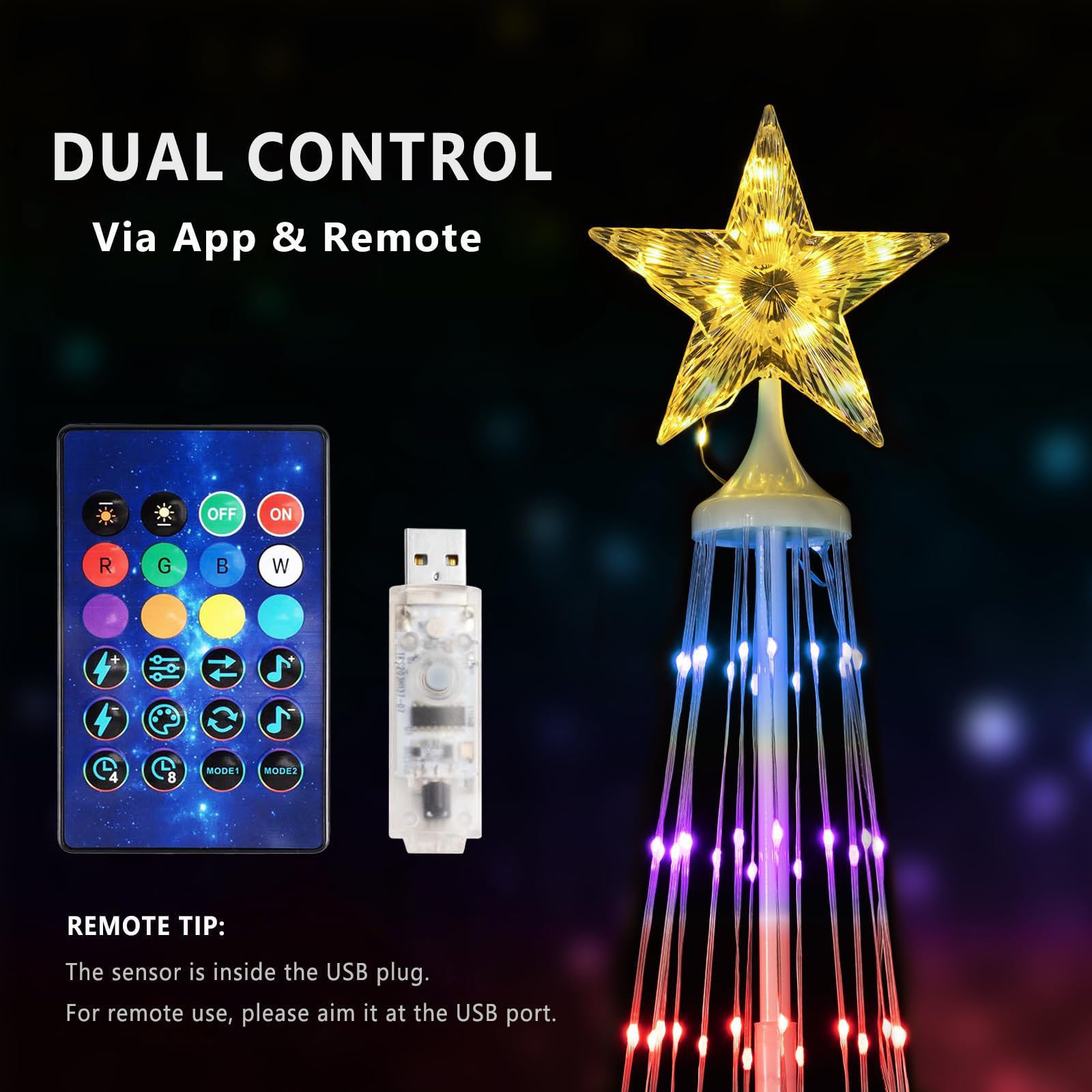 Hoofun Catena luminosa intelligente a LED per albero di Natale: 150 cm, illuminazione natalizia con stelle, app e telecomando, spina USB, RGB dimmerabile, modalità fai da te, timer, decorazione