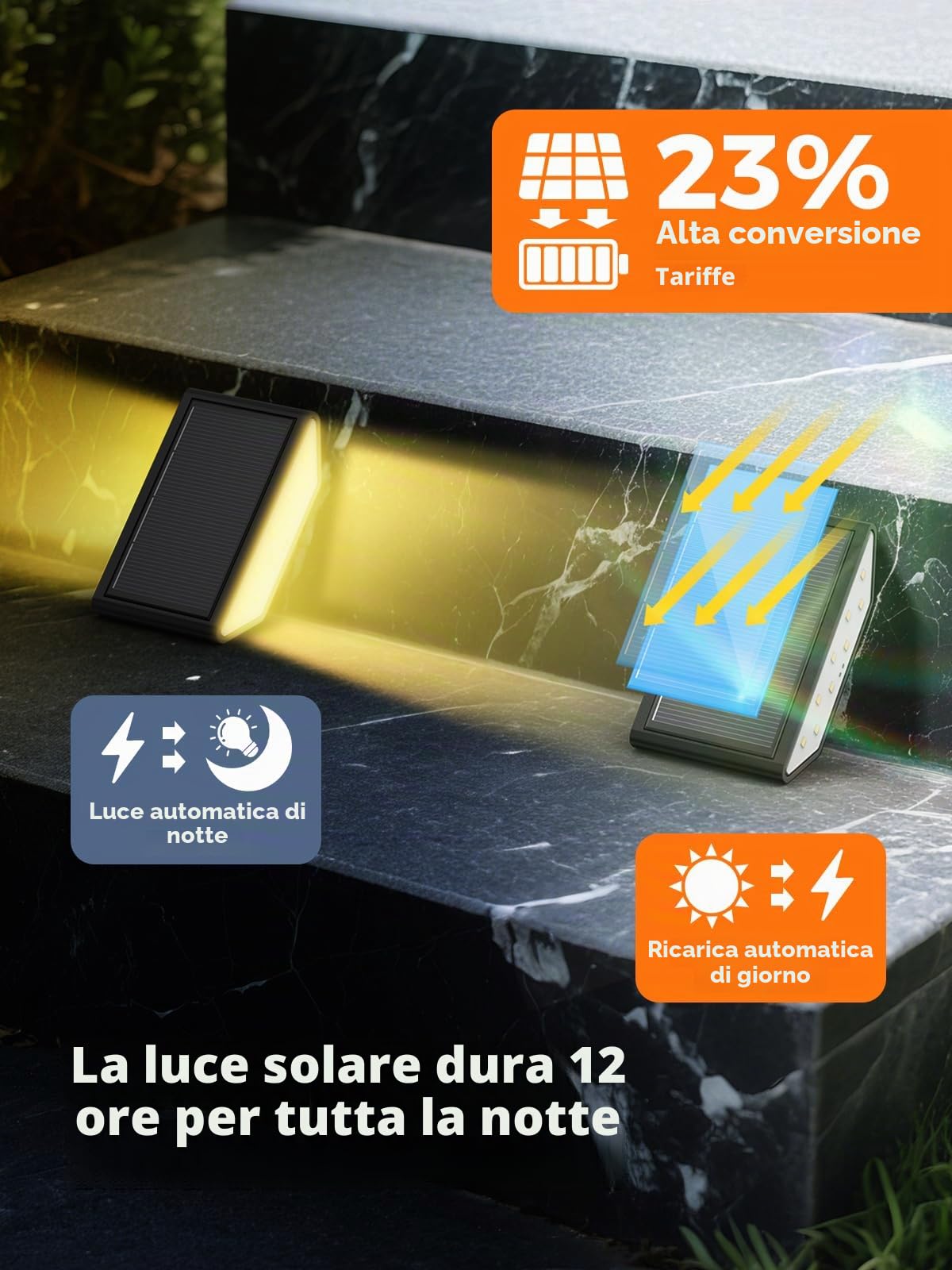 Smiling Shark Lampada Solare da Esterno, 6 Pezzi LED Solare Lampada da Scala Bianca Calda illuminazione a Doppio Lato IP65 Impermeabile Luci Solari per Scale Esterne Giardino Cortile